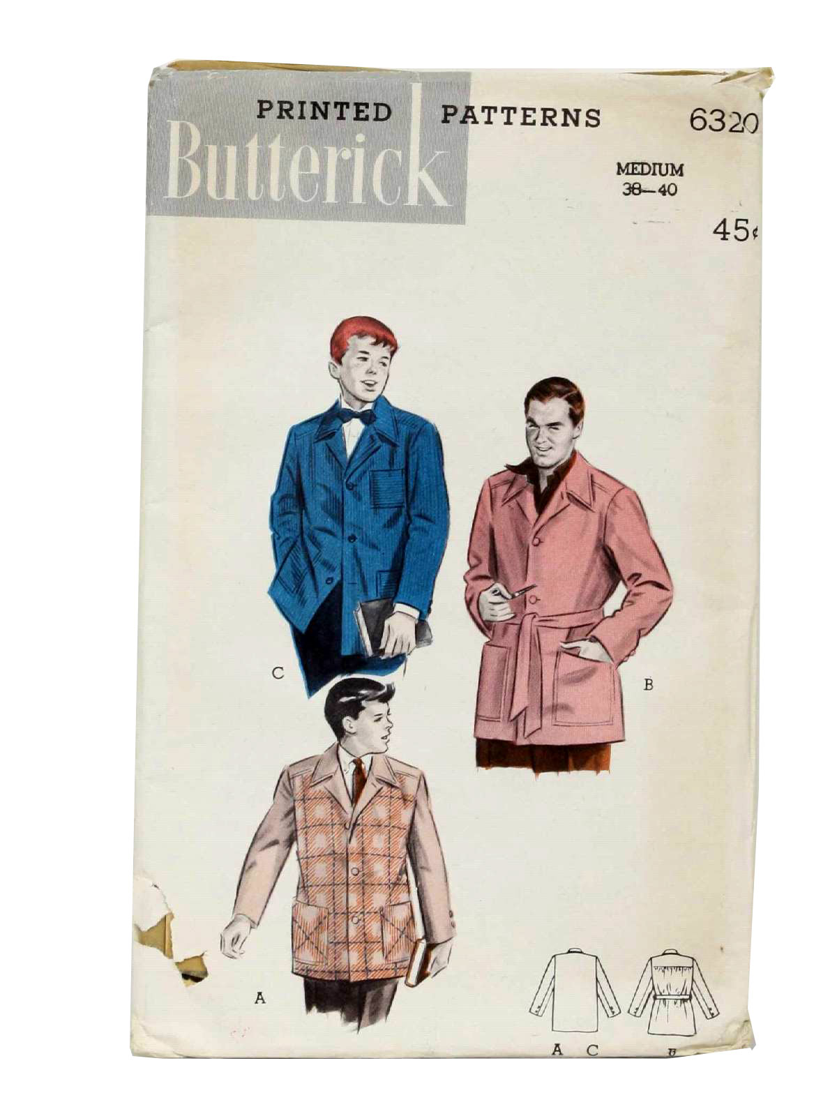 Vintage 1950's Sewing Pattern: 50s -Butterick Pattern No. 6320- Mens  favorite sports jacket with roomy pockets. A front is in contrast to the  convertible collar, sleeves and back. View B has a