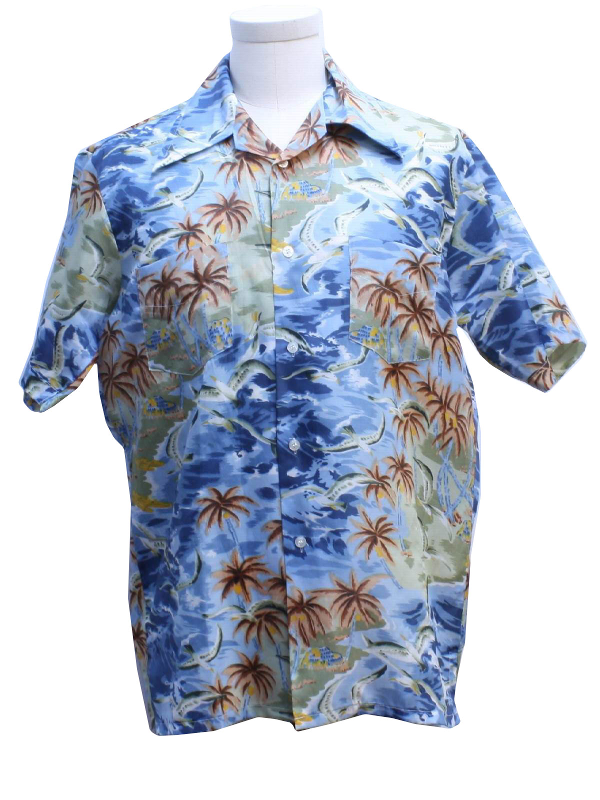 1970s Bud Berma Hawaiian Shirt: 70s -Bud Berma- Mens blue backround ...