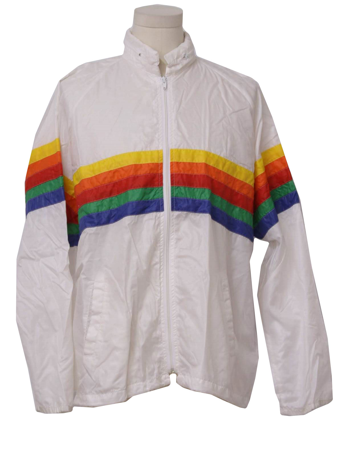 Retro 1970s Jacket 70s Sherry Unisex White And Rainbow Striped Nylon Windbreaker Jacket