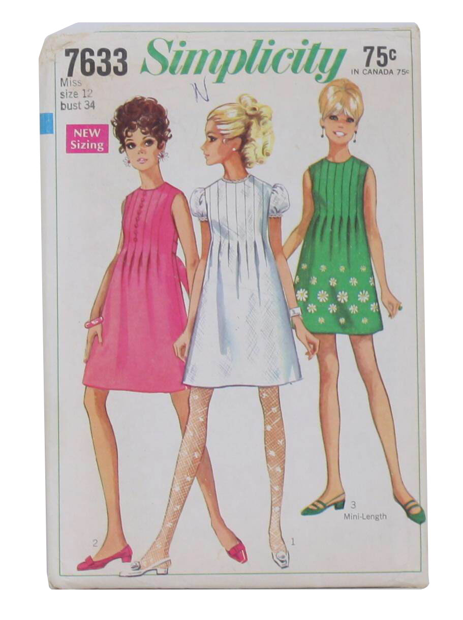 Retro 60's Sewing Pattern: 1968 -Simplicity Pattern No. 7633- Juniors and  Misses dress in two lengths: The collarless dress with front tucks has high  rounded neckline, back zipper, optional button trim and