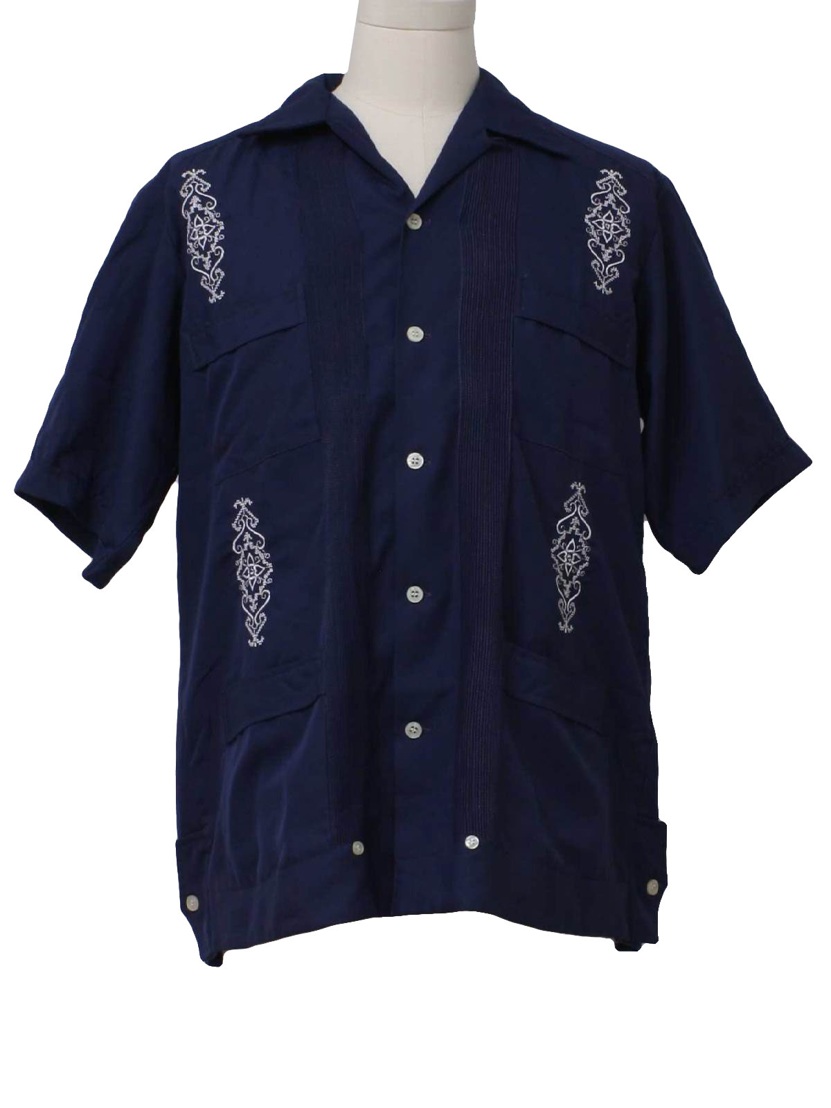 Retro Seventies Guayabera Shirt: 70s -Unreadable Label- Mens navy blue ...