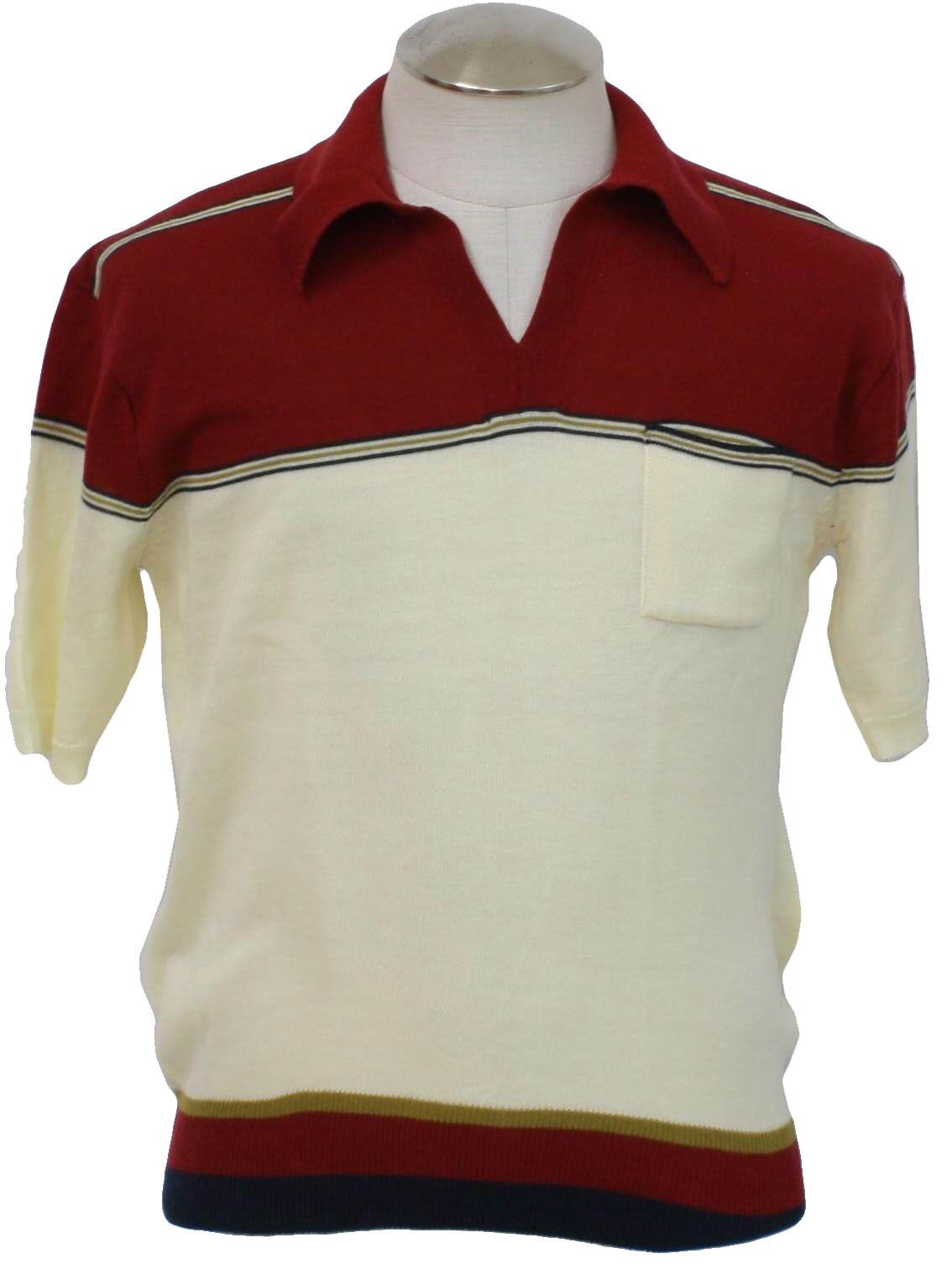 1970's Knit Shirt: 70s -No Label- Mens white background, black, blue ...