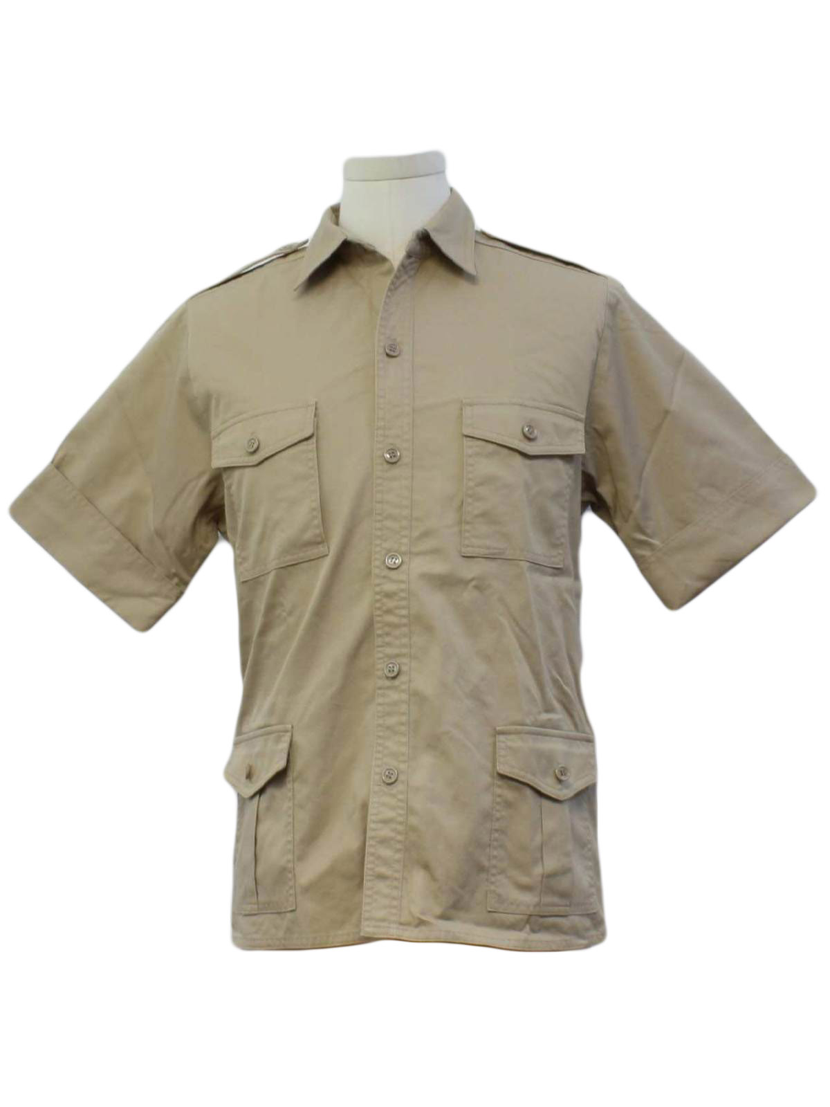 80s Vintage JH Shirt: 70s -JH- Mens khaki tan polyester and cotton