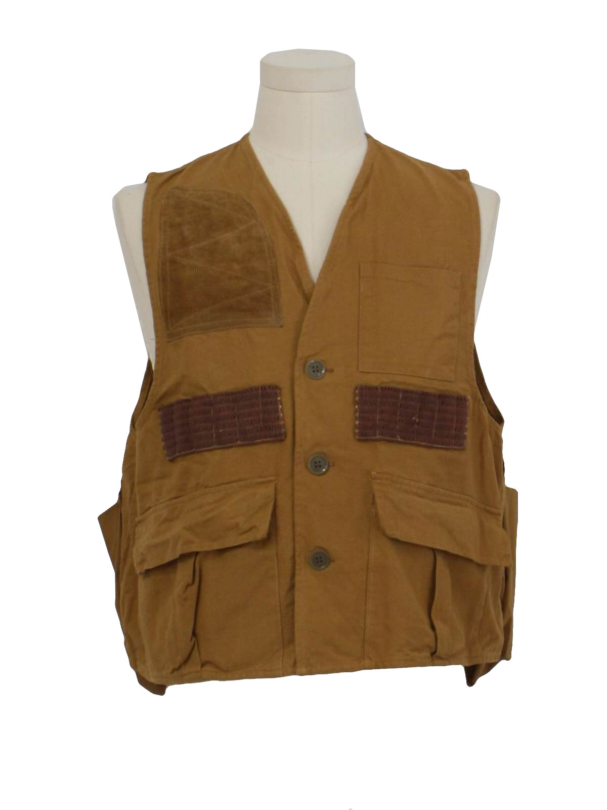 1980s Caliber Vest: 80s -Caliber- Mens tan and dark brown cotton canvas ...