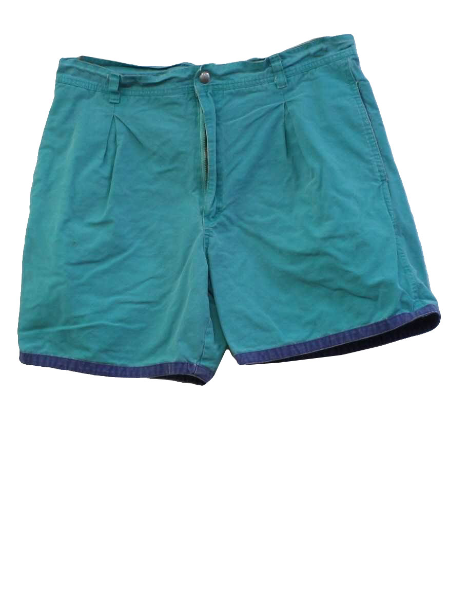 Vintage 1980's Shorts: 80s -Rough Cut- Mens teal green background with ...