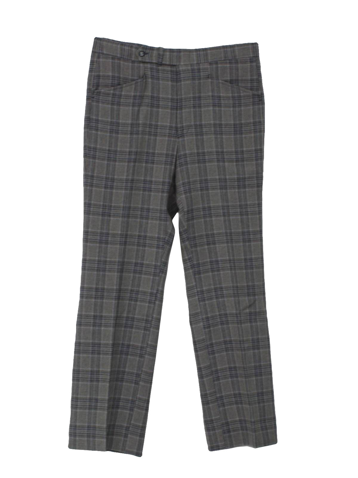 1970's Pants: Sansabelt- Mens grey, navy blue and brown plaid, slightly ...