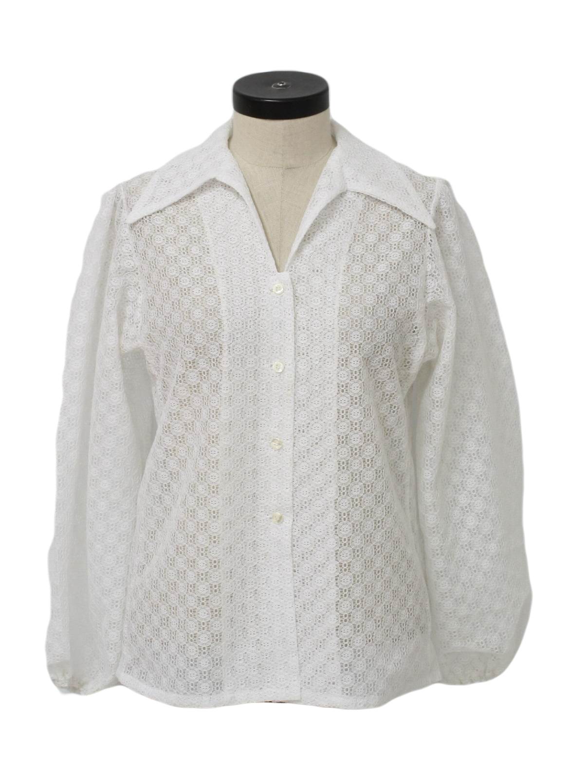 70's Vintage Shirt: 70s -Missing Label- Womens white sheer knit floral ...