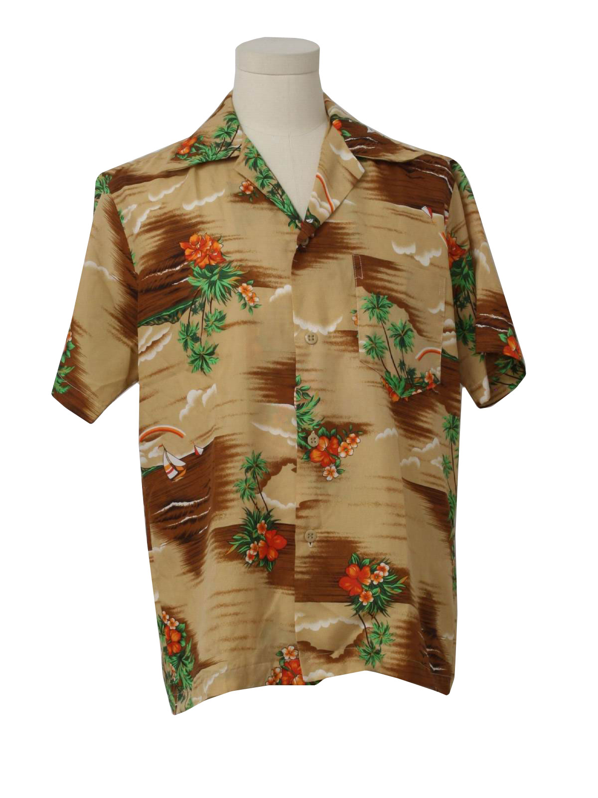 Retro 70's Hawaiian Shirt: 70s -Label Missing- Mens tan and dark nut ...