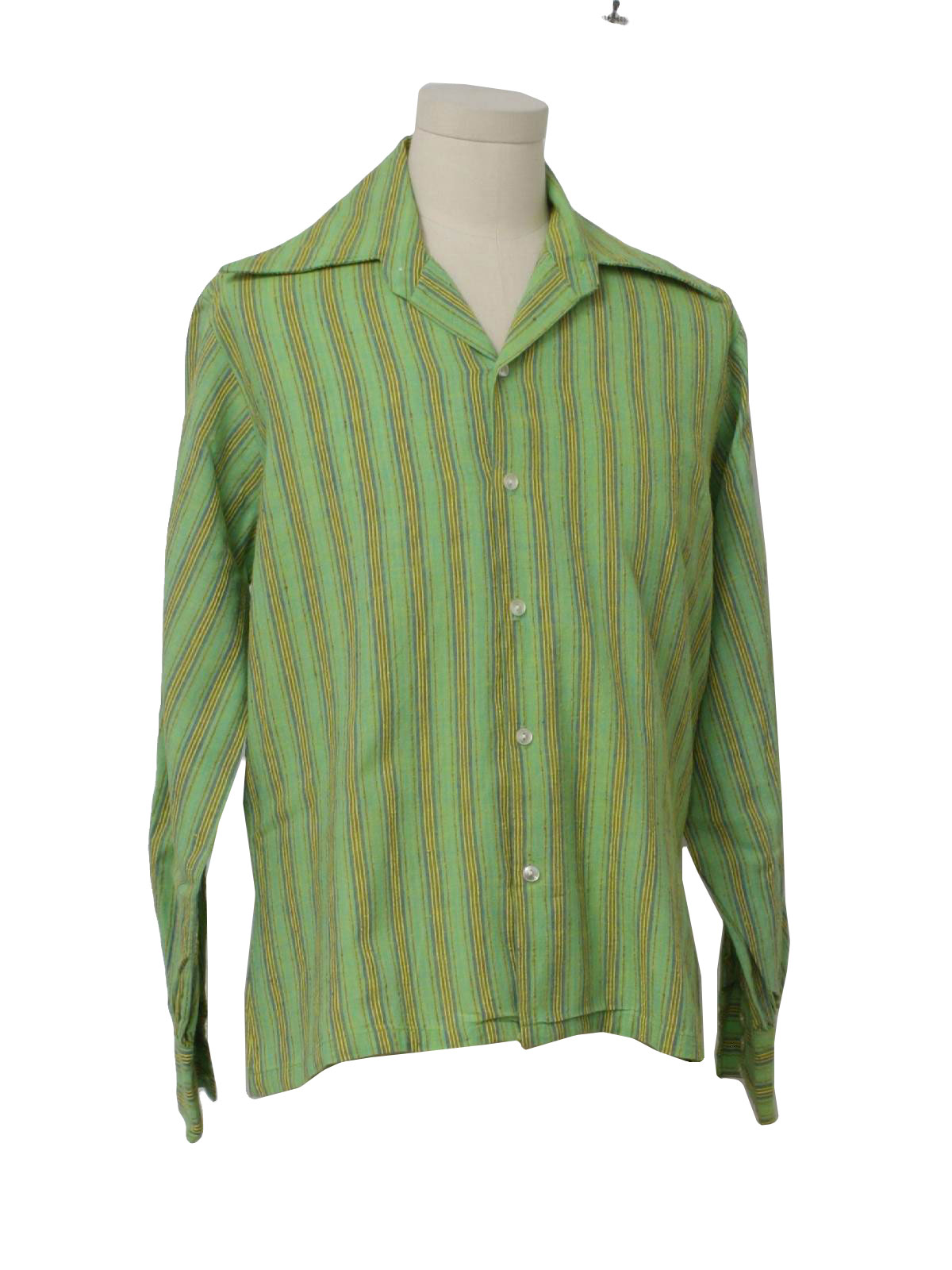 60 S Shirt Late 60s No Label Mens Lime Green Background Blue Gold Red Striped Slubby