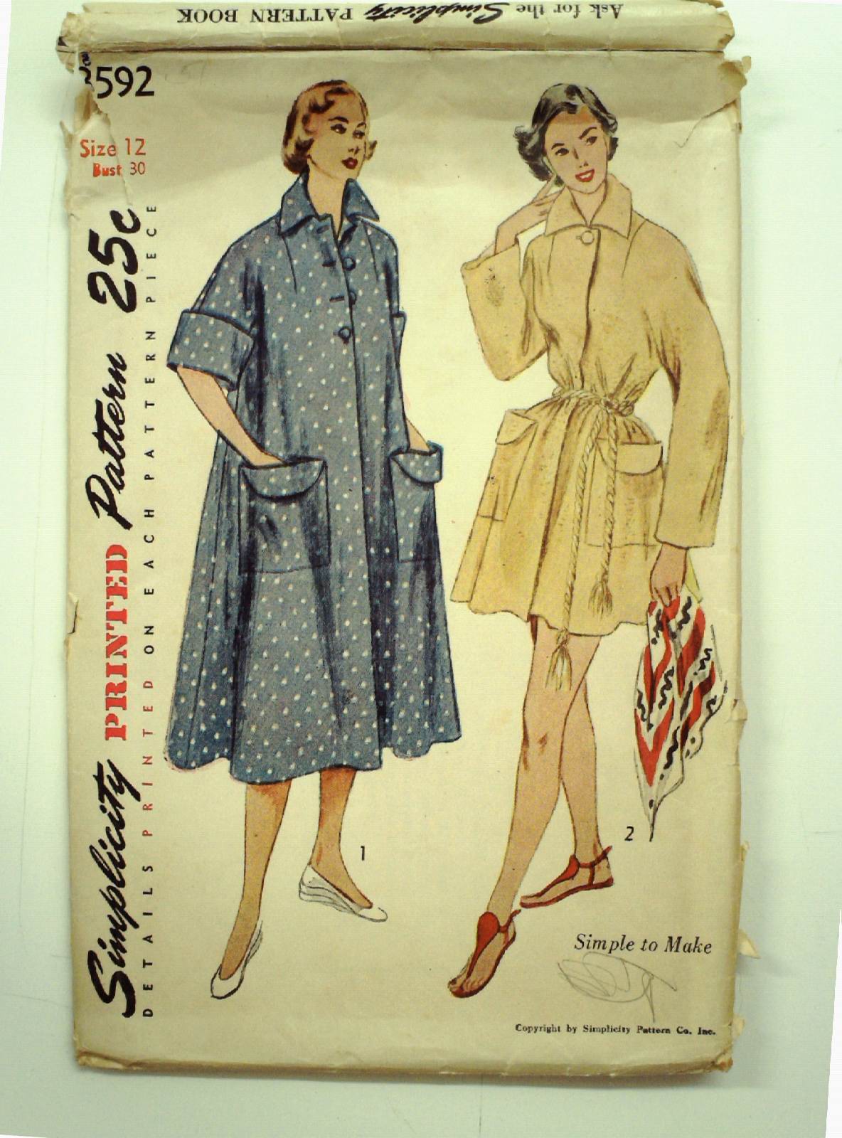 Vintage 50s Sewing Pattern 50s Simplicity Pattern No 3592 Womens Robe In Two Lengths Kimono 1812