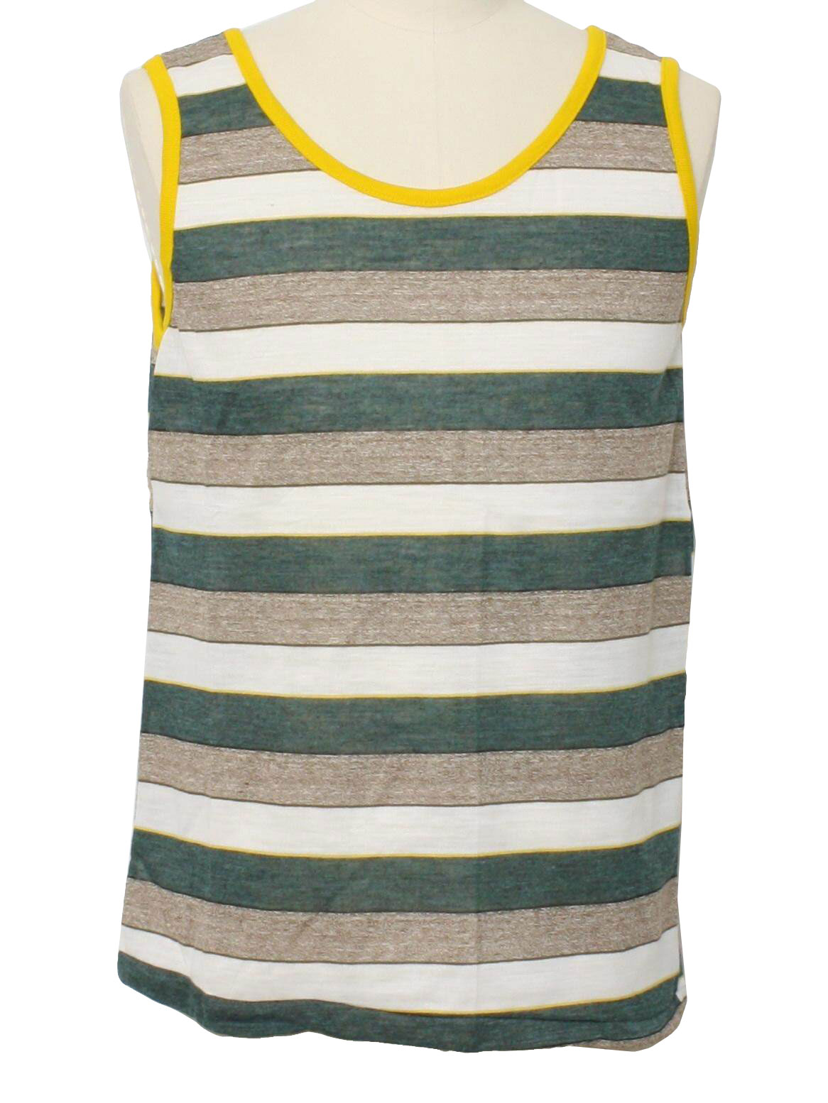 Vintage Stratford Seventies T Shirt: 70s -Stratford- Mens white, teal green, shaded blue and yellow banded horizontal stripe print cotton muscle t shirt with tank straps, rounded neckline and box cut