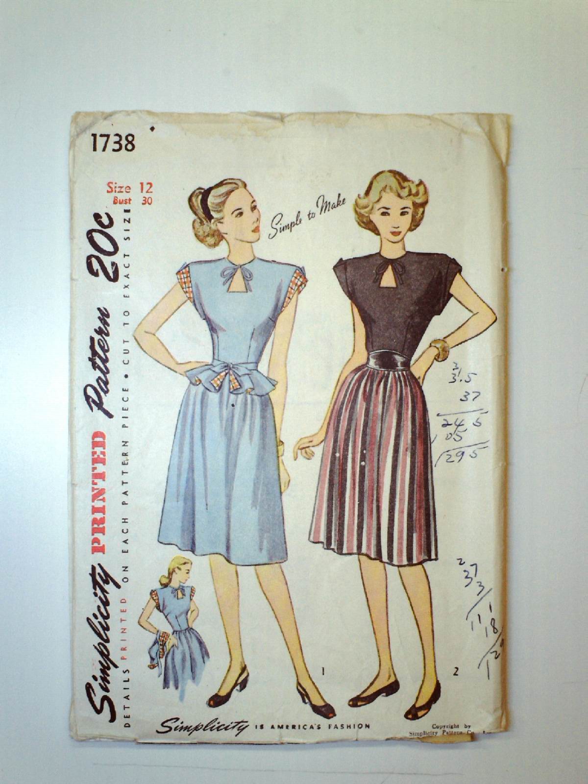 Simplicity Pattern No 1738 1940s Vintage Sewing Pattern 40s Simplicity Pattern No 1738 3673