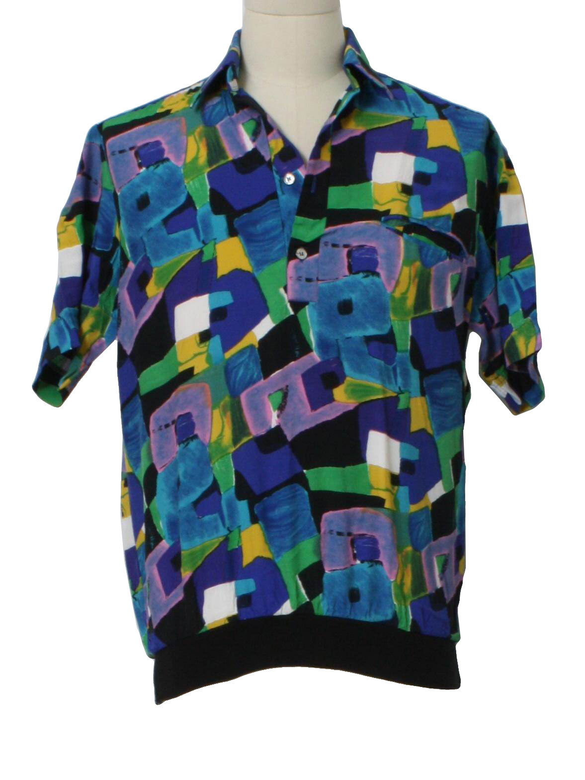 D Avila Eighties Vintage Shirt: 80s -D Avila- Mens black background, white,  purple, green, gold and shades of pink and blue silky rayon short sleeve  pullover shirt. A bold abstract print, inset