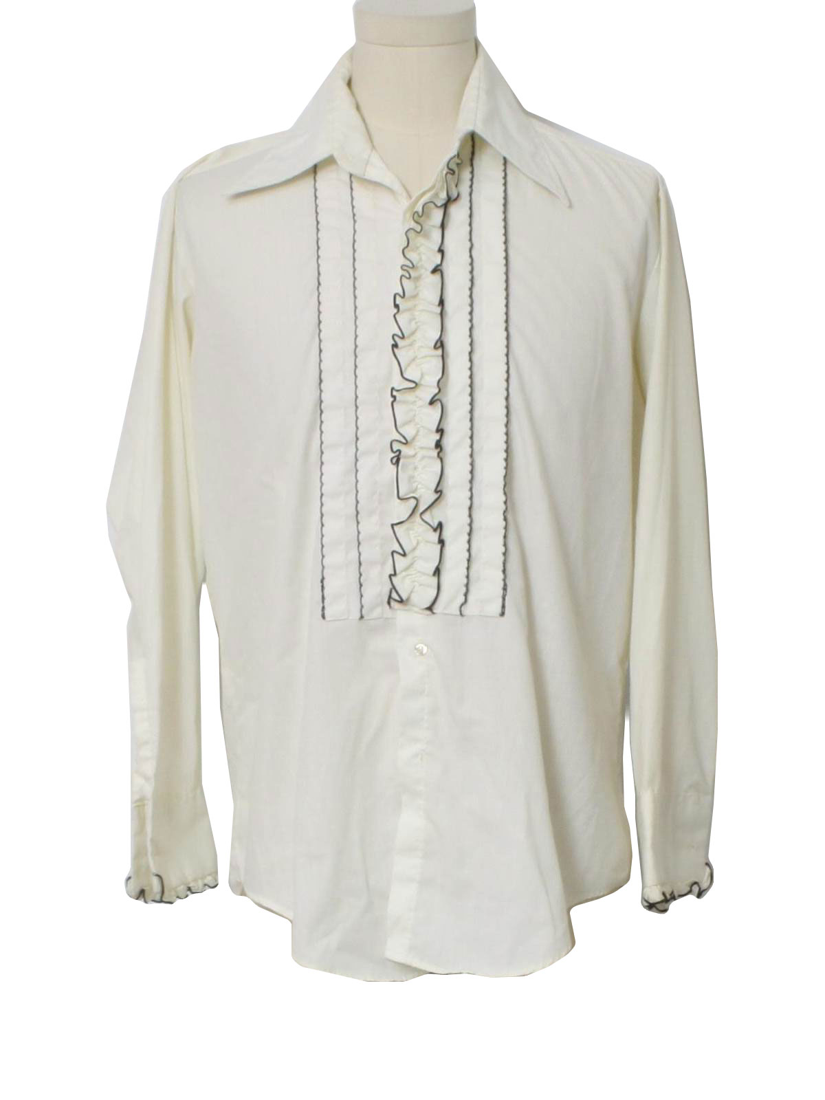 Vintage 1970's Shirt: 70s -After Six- Mens ivory and black cotton and ...