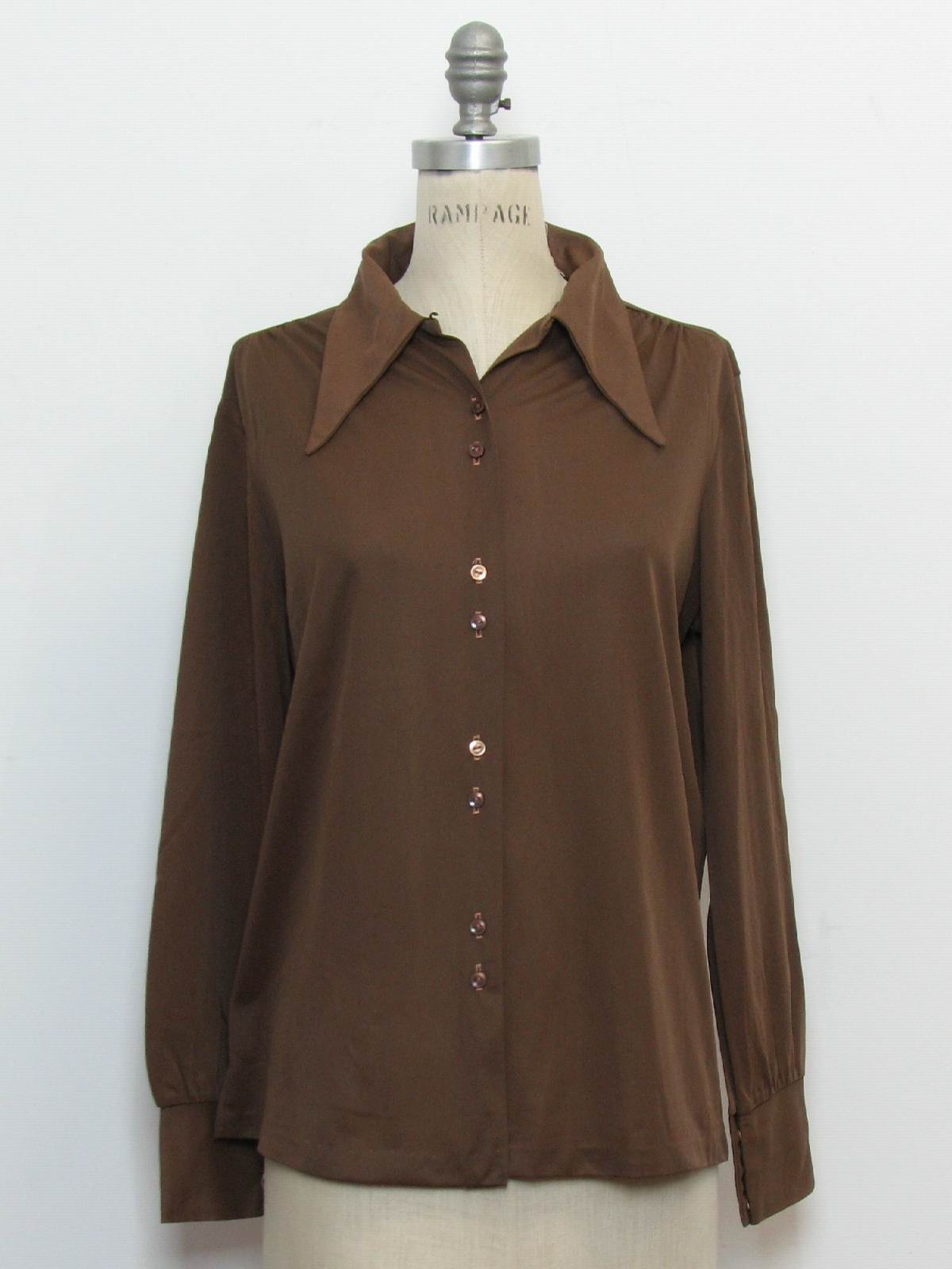 Retro 1970s Disco Shirt: 70s -no label- Womens cocoa brown slinky nylon ...