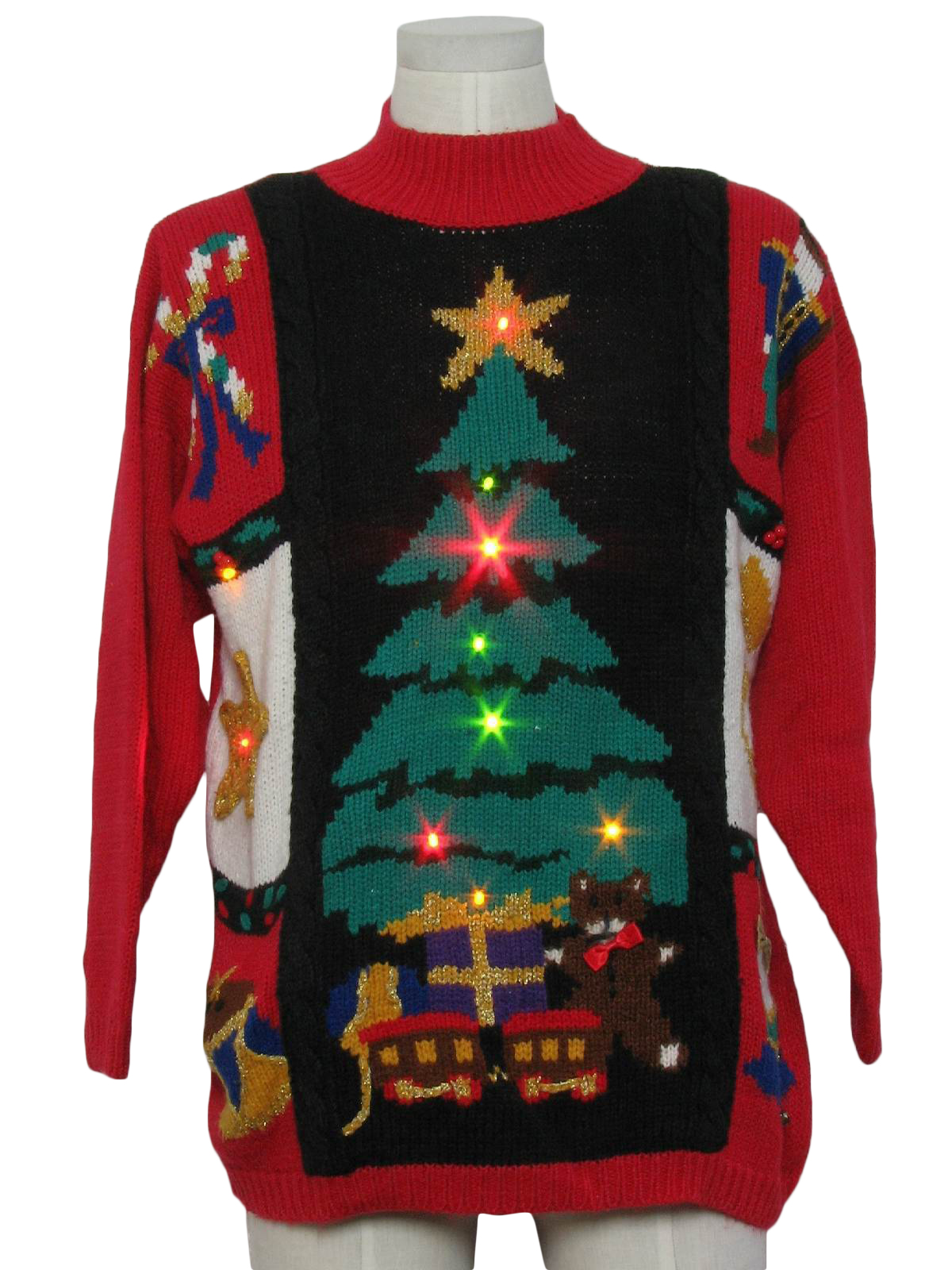 Ugly Lightup Christmas Sweater: retro look -Spice of Life- Unisex red background ramie acrylic