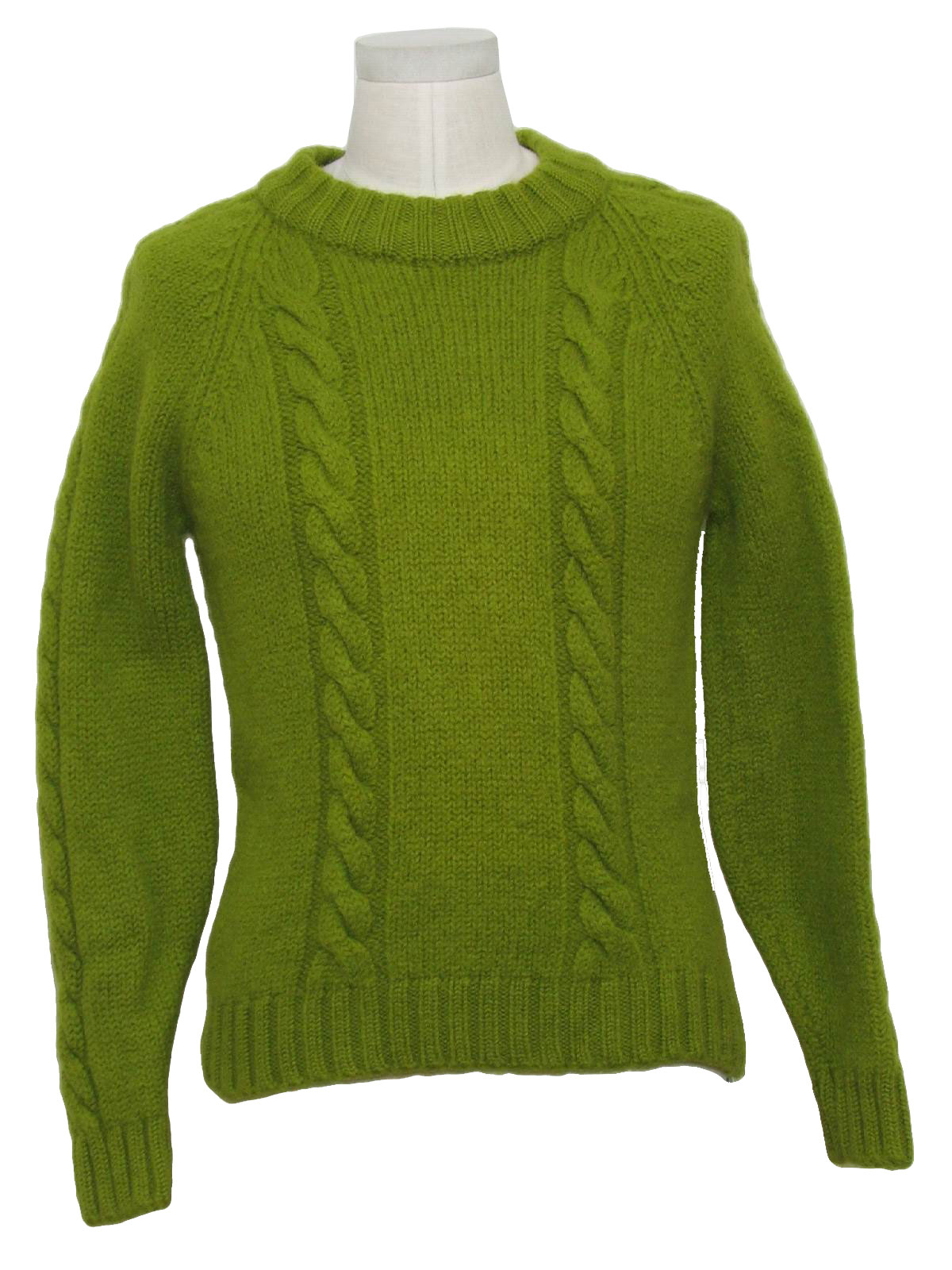 Retro 1960s Sweater: 60s -Campus- Mens bright olive green wool cable ...