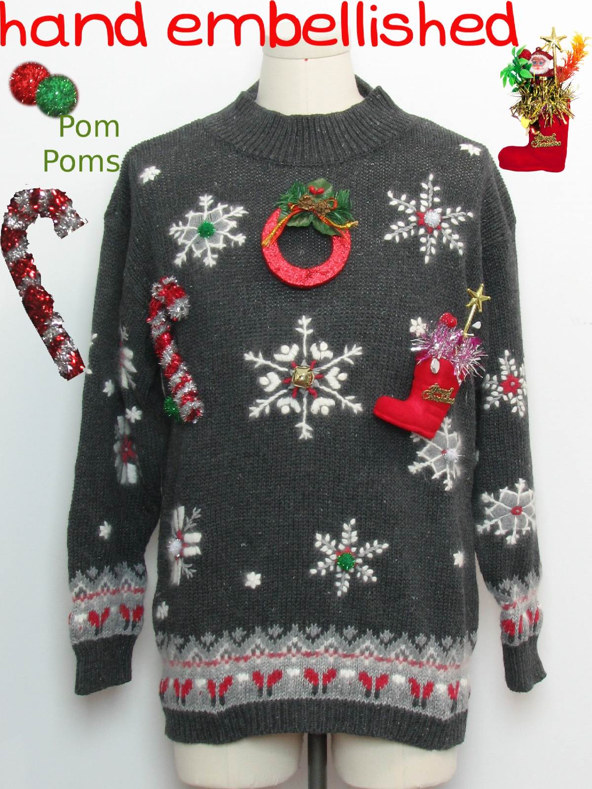 Hand Embellished Ugly Christmas Sweater: -Northcrest- Unisex charcoal