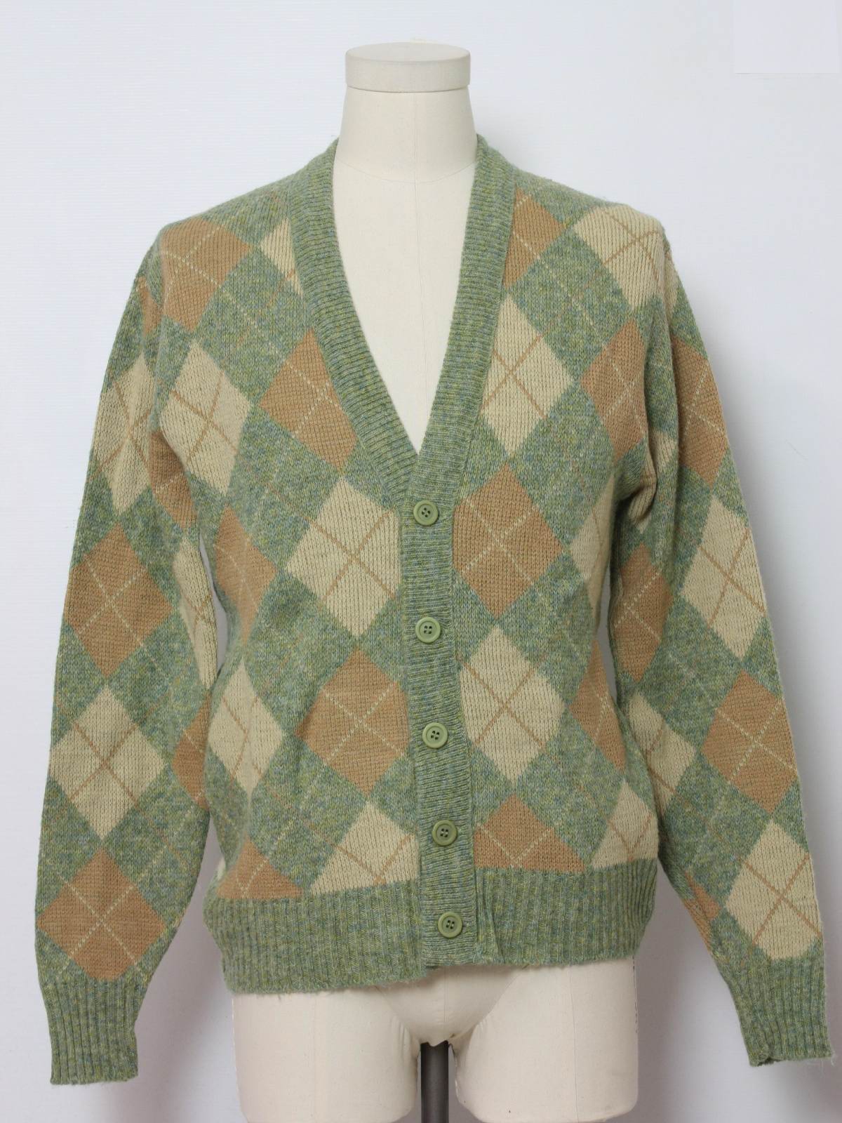 Retro 80's Caridgan Sweater: 80s -Robert Bruce- Mens sage green, tan ...