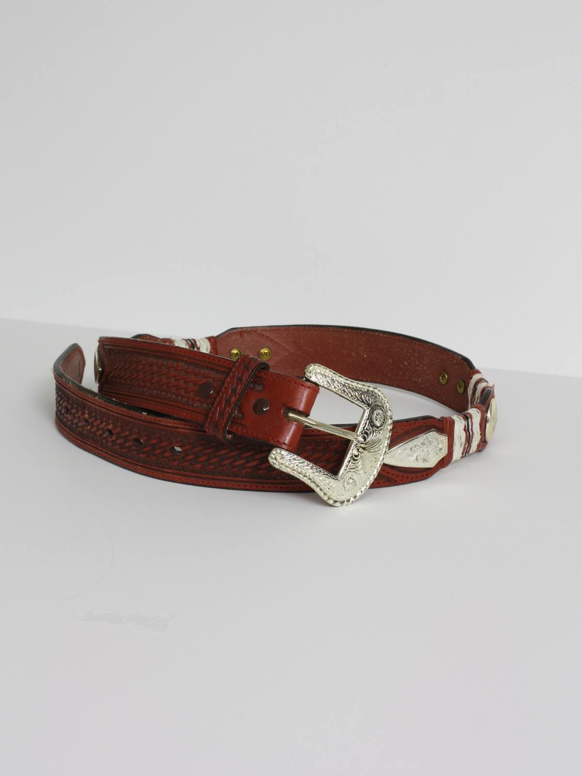 Vintage 1990's Belt: 90s -Nacona- Mens brown background hand tooled ...