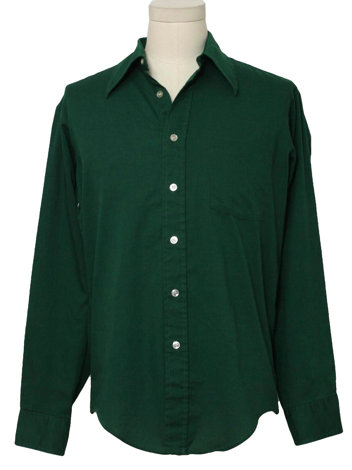Seventies Shirt: 70s -no label- Mens dark pine green cotton and ...
