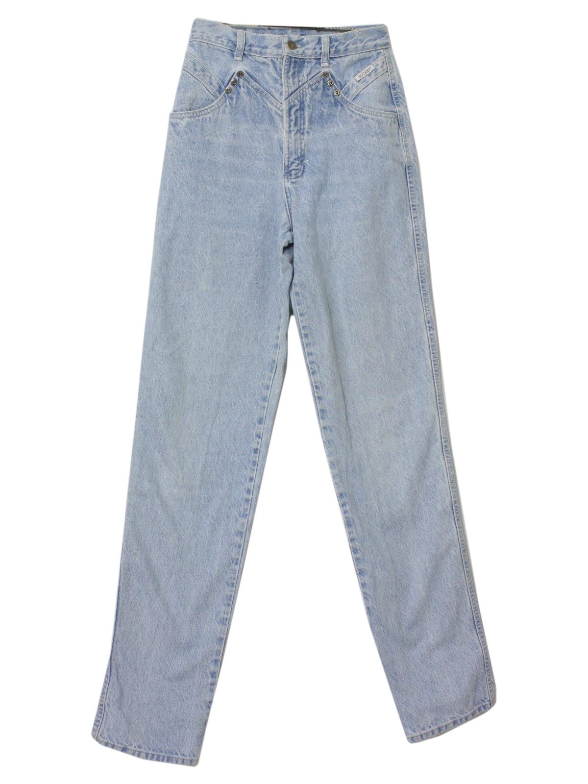 Nineties Vintage Pants: 90s -Rockies- Womens light blue stone washed,  cotton, tapered leg cotton wicked 90s western style stone wash jeans pants  with button and zippered front closure, two front top entry