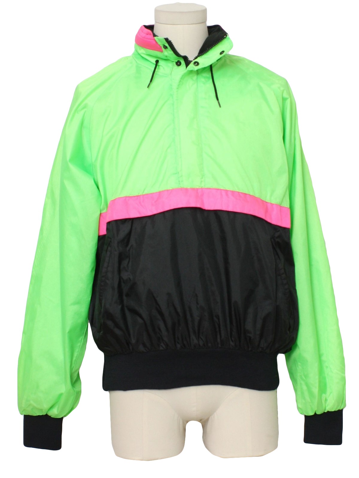 Neon green outlet and black windbreaker