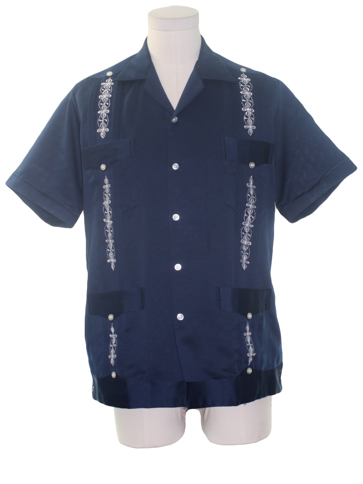 Vintage 1980's Guayabera Shirt: 80s -Yucamex- Mens dark navy blue and ...