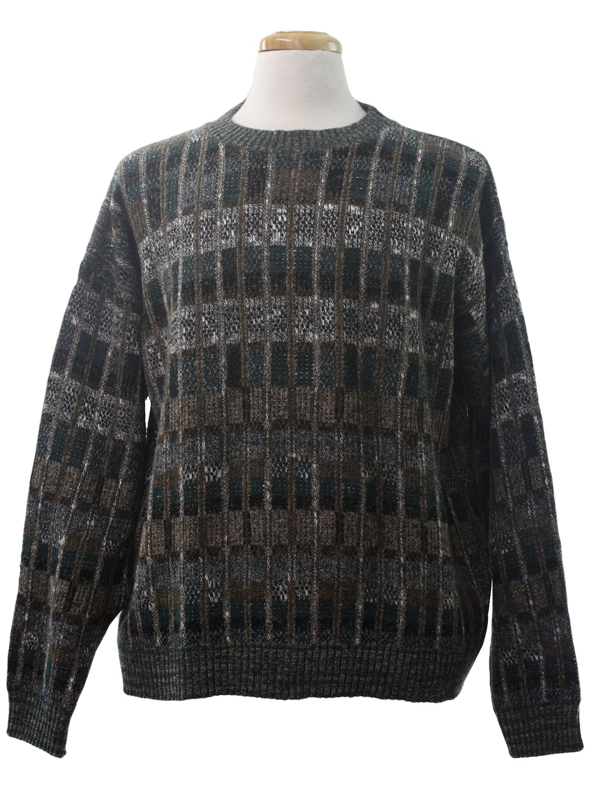 Retro 1980s Sweater: 80s -Protege- Mens brown, white, green and black ...