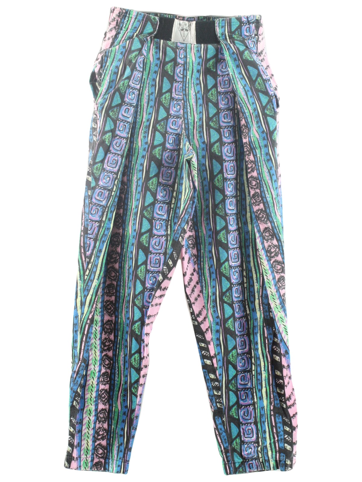 Vintage 80s Pants: 80s -Liberated- Mens shaded blue, green, white, black  and pink abstract print cotton, high waist, totally 80s baggy pants with  velcro front panels for ease in fit and to