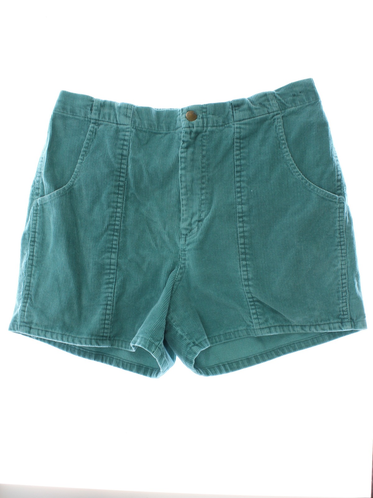 1980 s Vintage Fast Breakers Shorts 80s Fast Breakers Mens light teal background cotton medium wale corduroy 3 pocket OP style short shorts with side pockets and one back patch pocket button and met...