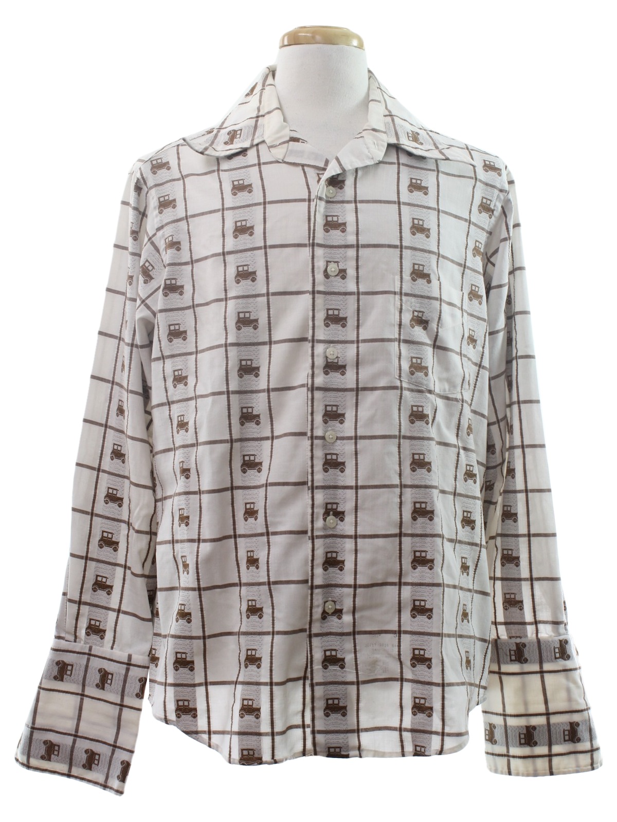 Vintage 1970's Shirt: 70s -Damon- Mens off white and brown window pane ...