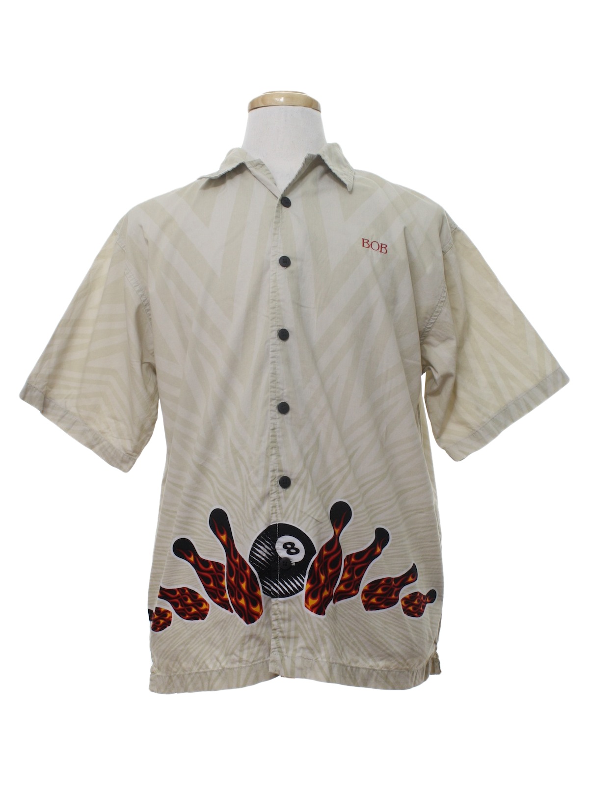 1990's Vintage No Boundaries Bowling Shirt: 90s -No Boundaries- Mens beige  background cotton cuffless short sleeve button up front bowling shirt with  abstract pattern background and flaming bowling pins and an 8