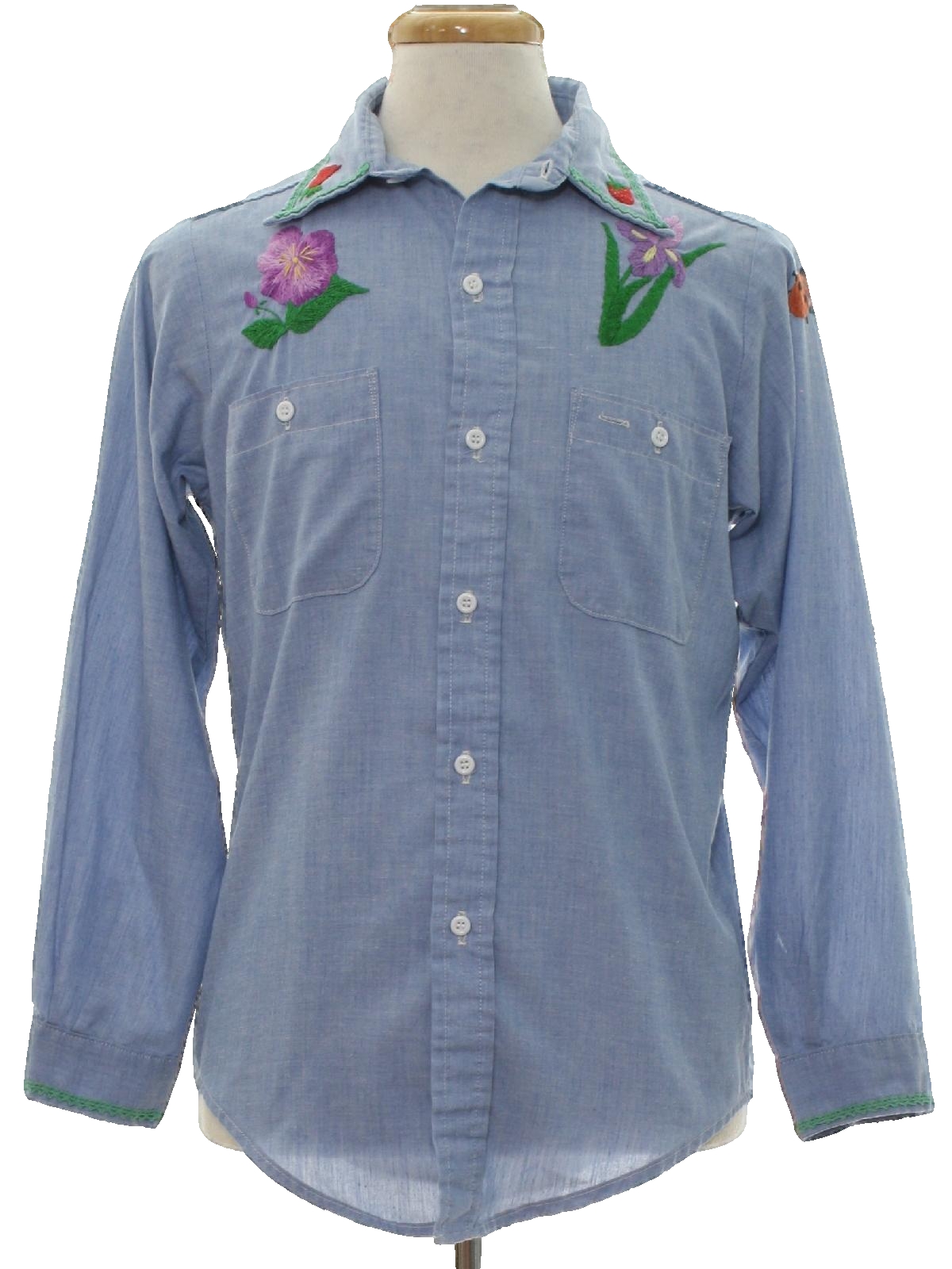 1970's Retro Shirt: 70s -fabric label- Mens chambrey blue background ...
