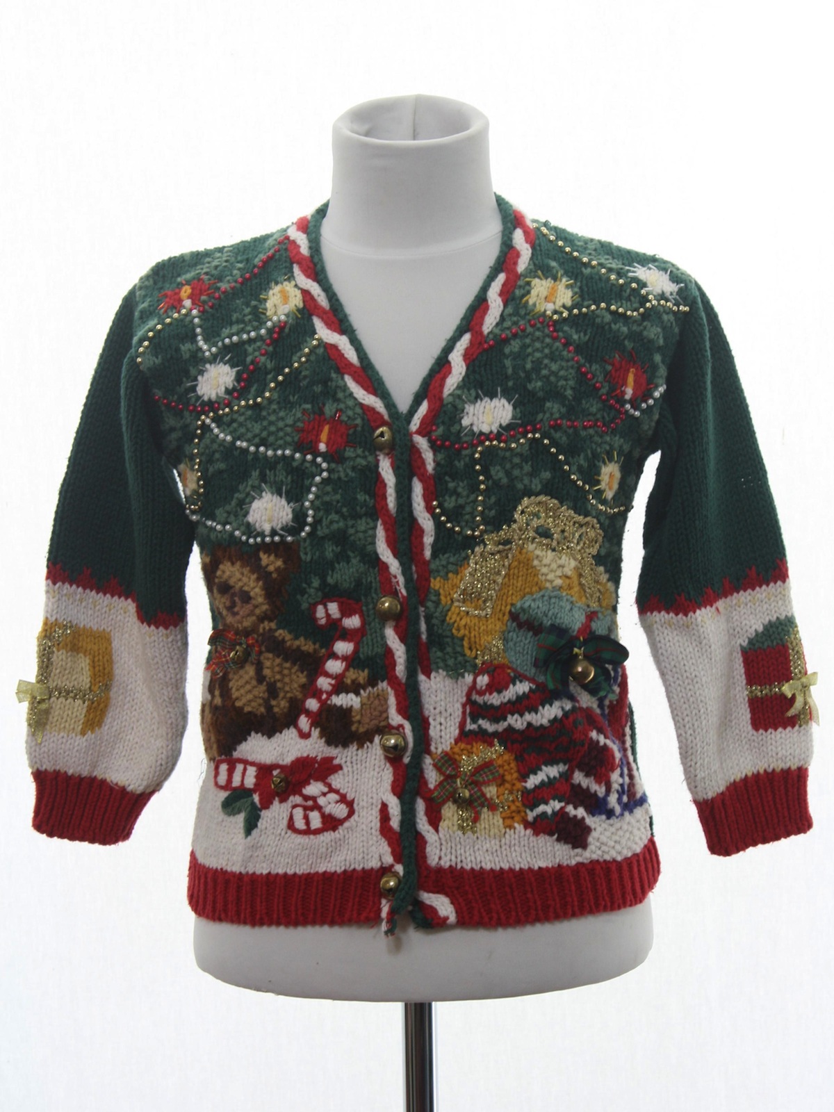 /Childs Ugly Christmas Cardigan Sweater: -Casual Corner- Unisex/Childs dark green and white