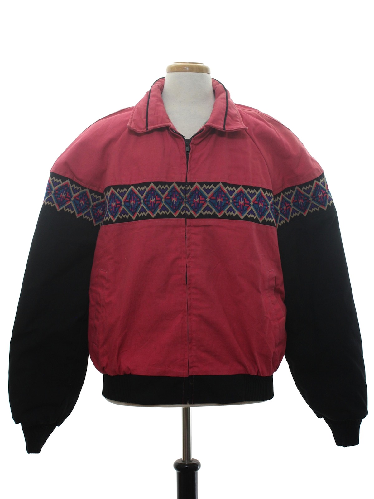 sum Pinpoint royalty Retro 80's Jacket: 80s -Deuces And Jacks- Mens pink background, longsleeve,  zippered front polyester cotton totally 80s western style jacket with fold  over collar featuring purple, tan, black, pink and teal geometric
