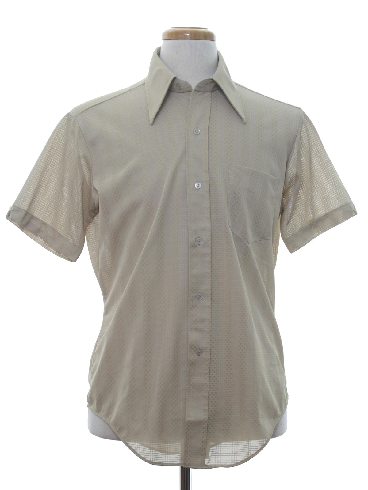 Retro 1970s Shirt: 70s -Don Manly- Mens beige background sheer ...