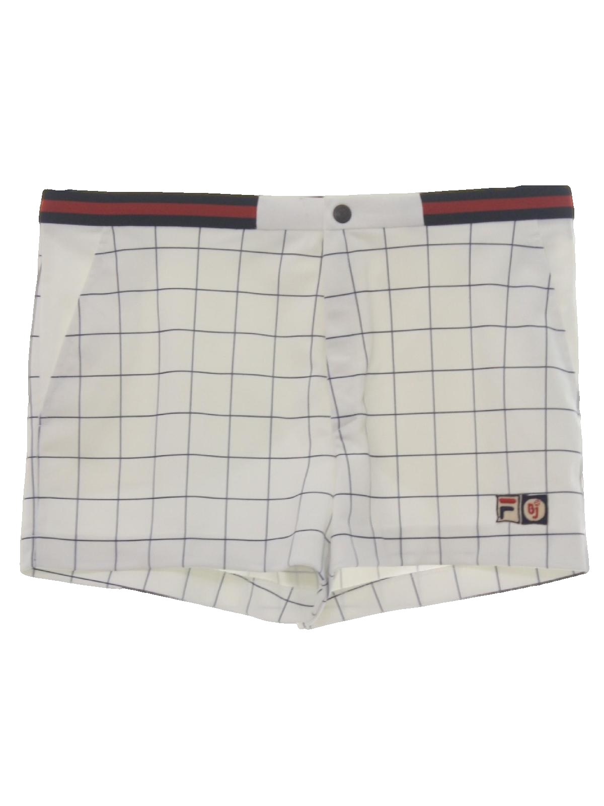 1980's Retro Shorts: 80s -Fila- Mens white with navy blue plaid print ...