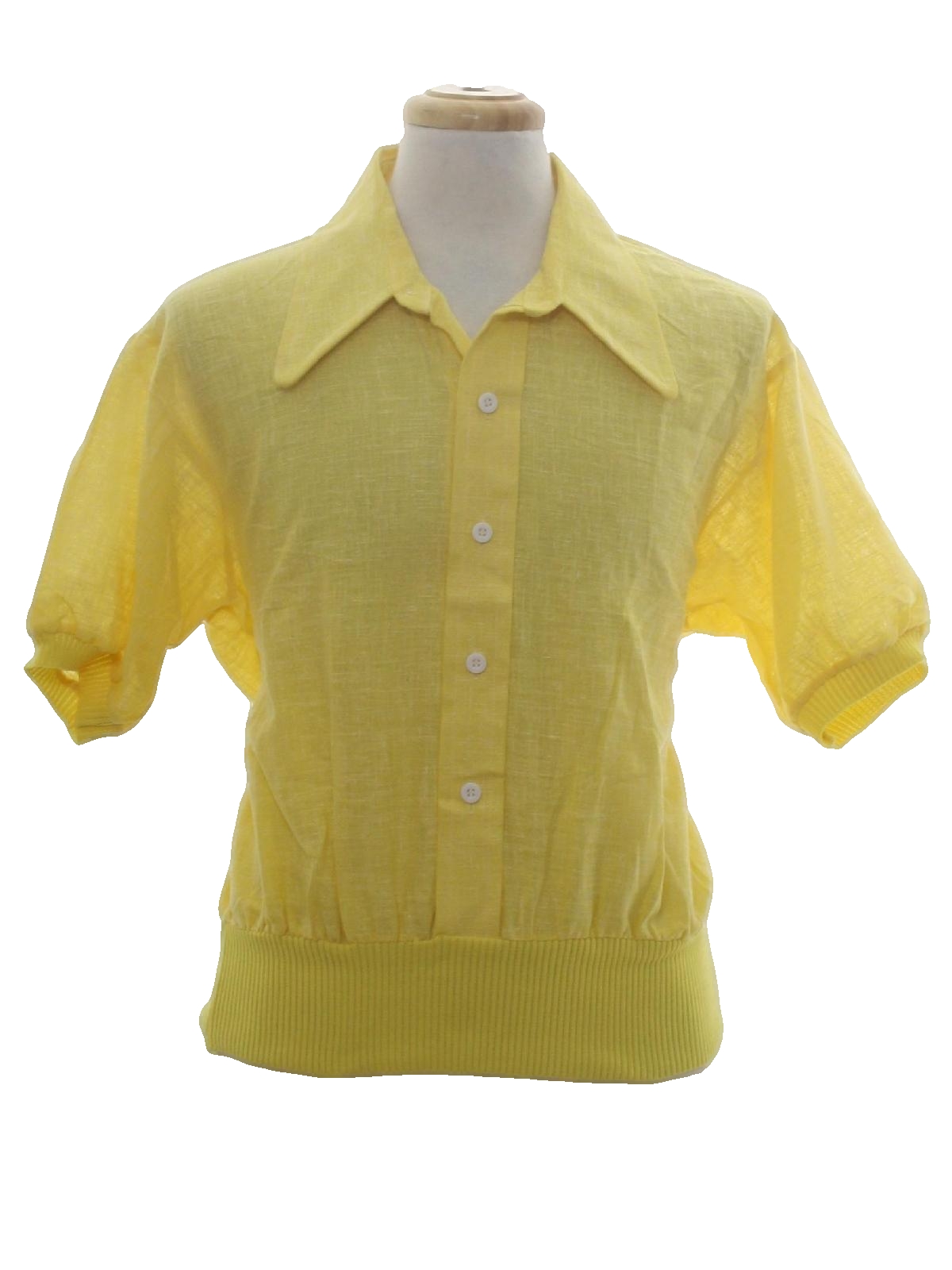 Vintage 1970's Shirt: 70s -Care Label- Mens Sunny Yellow Background Polyester Cotton Blend