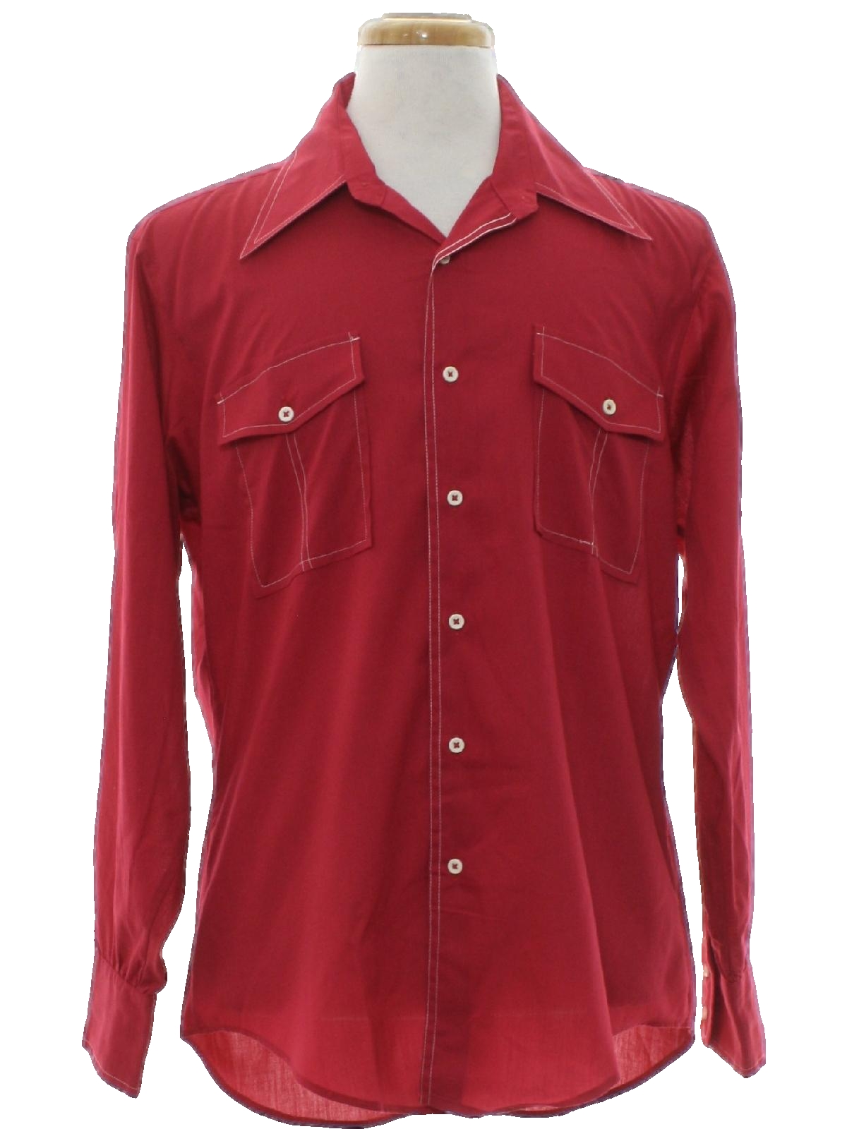 solid red button down shirt with black buttons