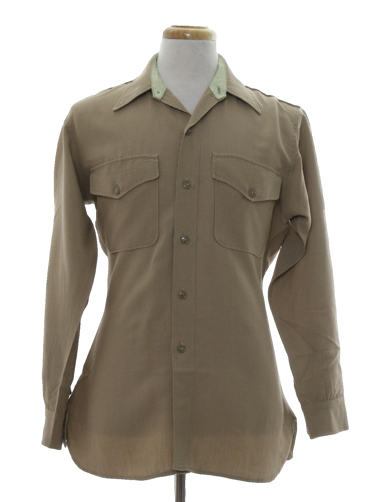 Retro 1940's Shirt: 40s -No Label- Mens tan wool poplin uniform shirt ...