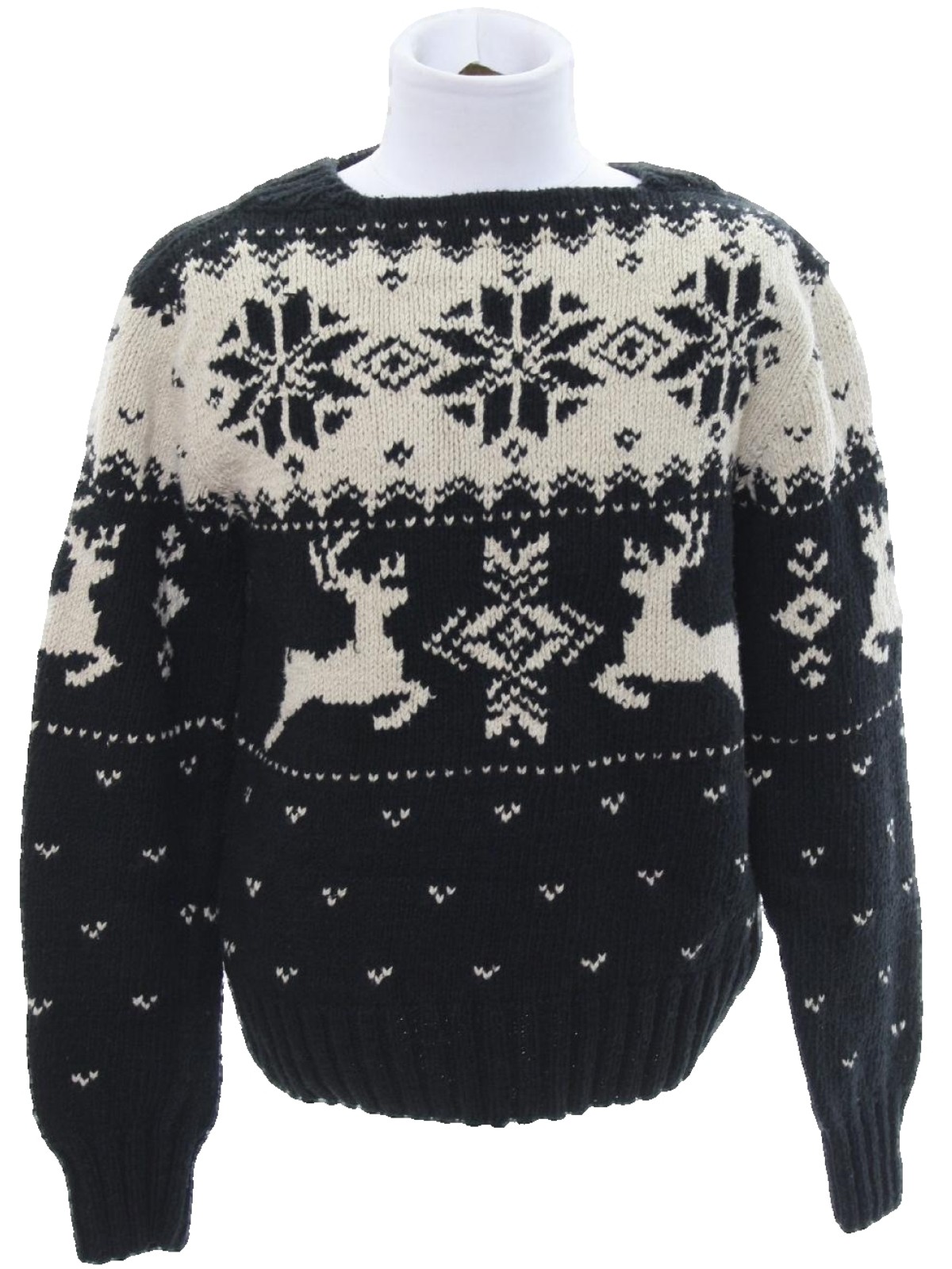 Childs Ugly Christmas Snowflake Reindeer Sweater: -Polo by Ralph Lauren-  Unisex/Childs black background cotton pullover longsleeve Ugly Christmas  Sweater with round neckline. Featuring reindeer, and snowflakes. Reindeer  and snowflakes on back. Some