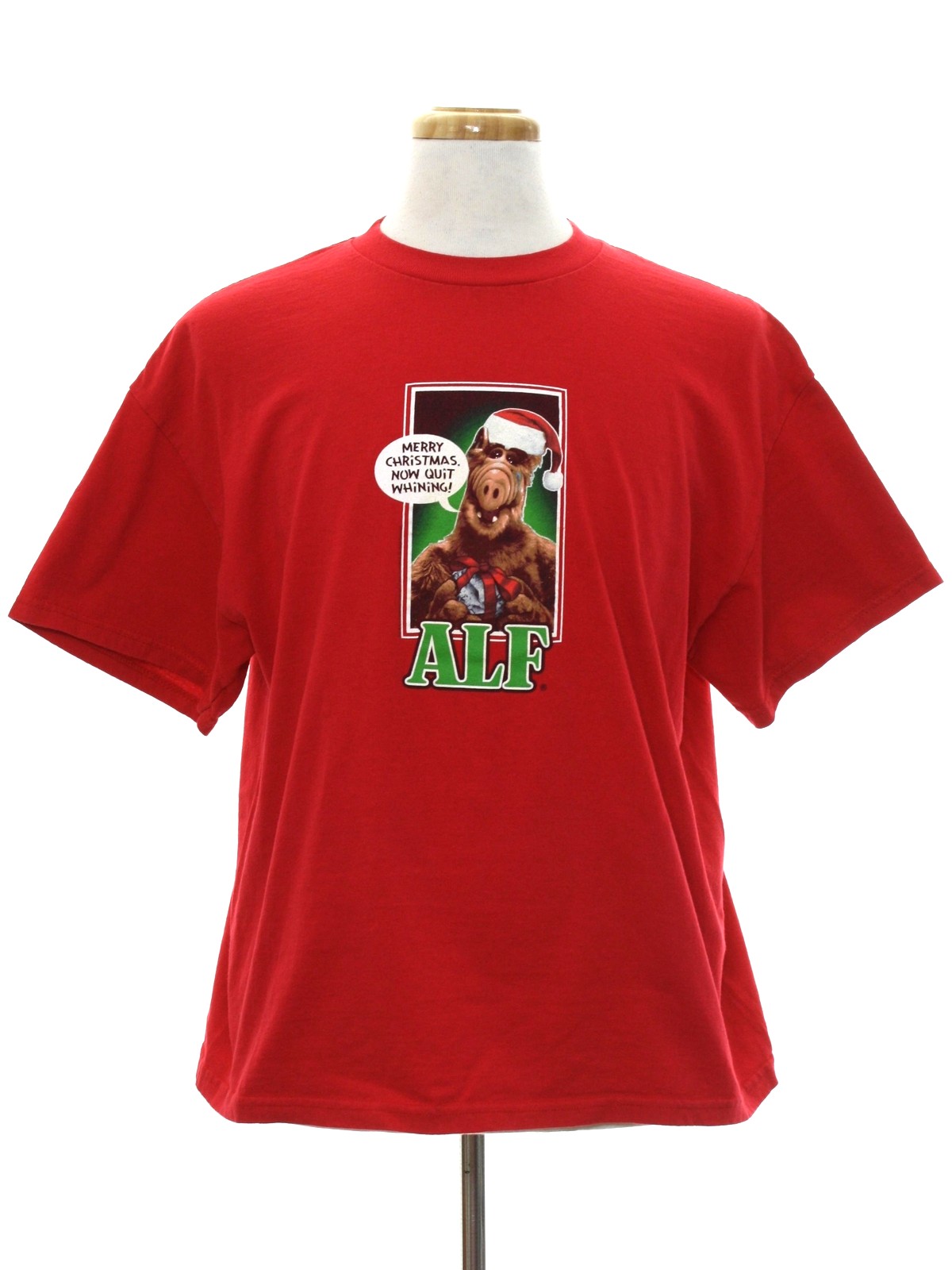 Eighties Vintage Alf Ugly Christmas T shirt to Wear Under Your Sweater Vest Authentic 80s vintage Unisex red background cotton jersey knit with multicolorecd center photo print of Alf with Santa hat ...