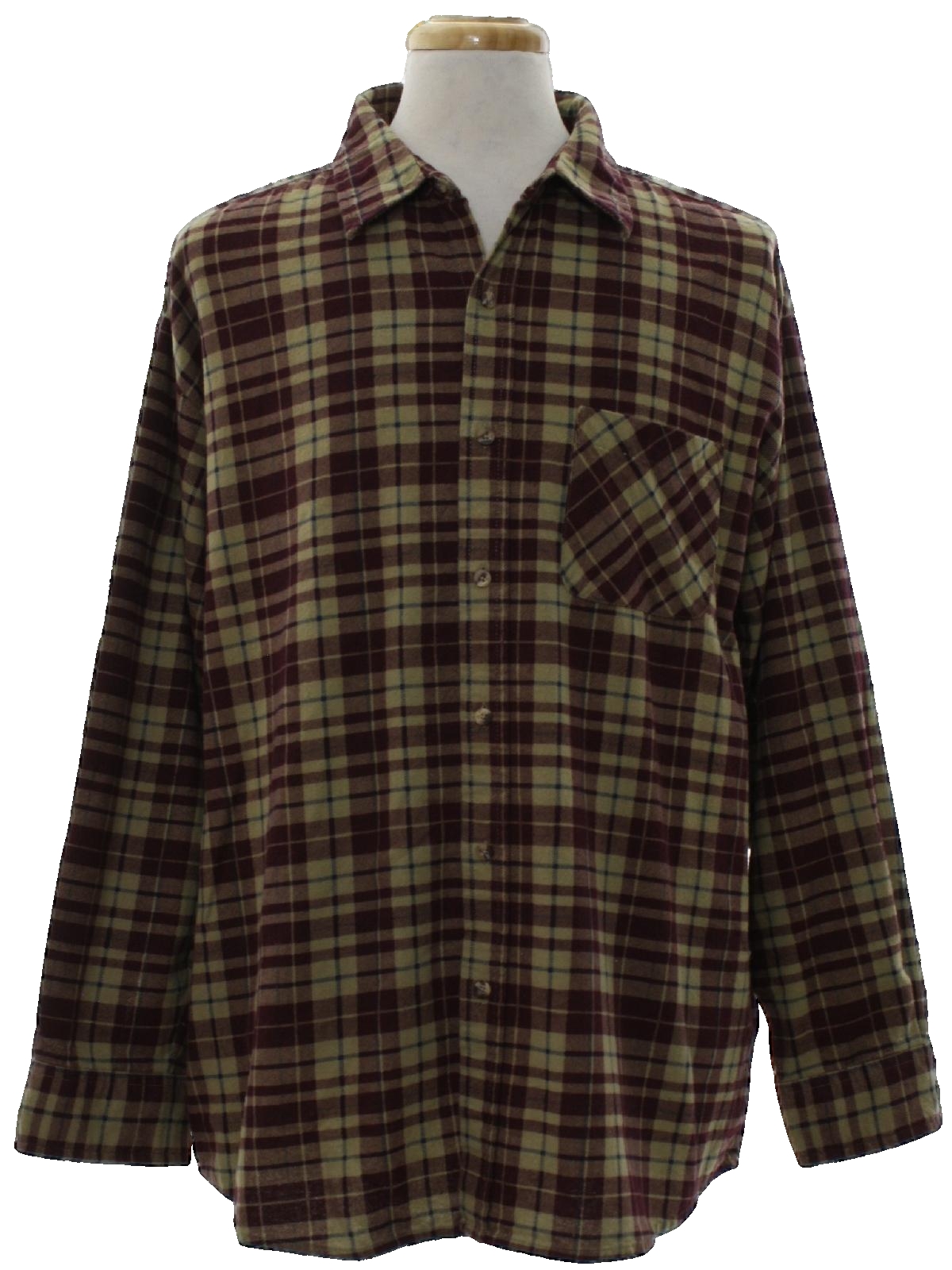 90's Puritan Shirt: 90s -Puritan- Mens tan background, eggplant plaid ...