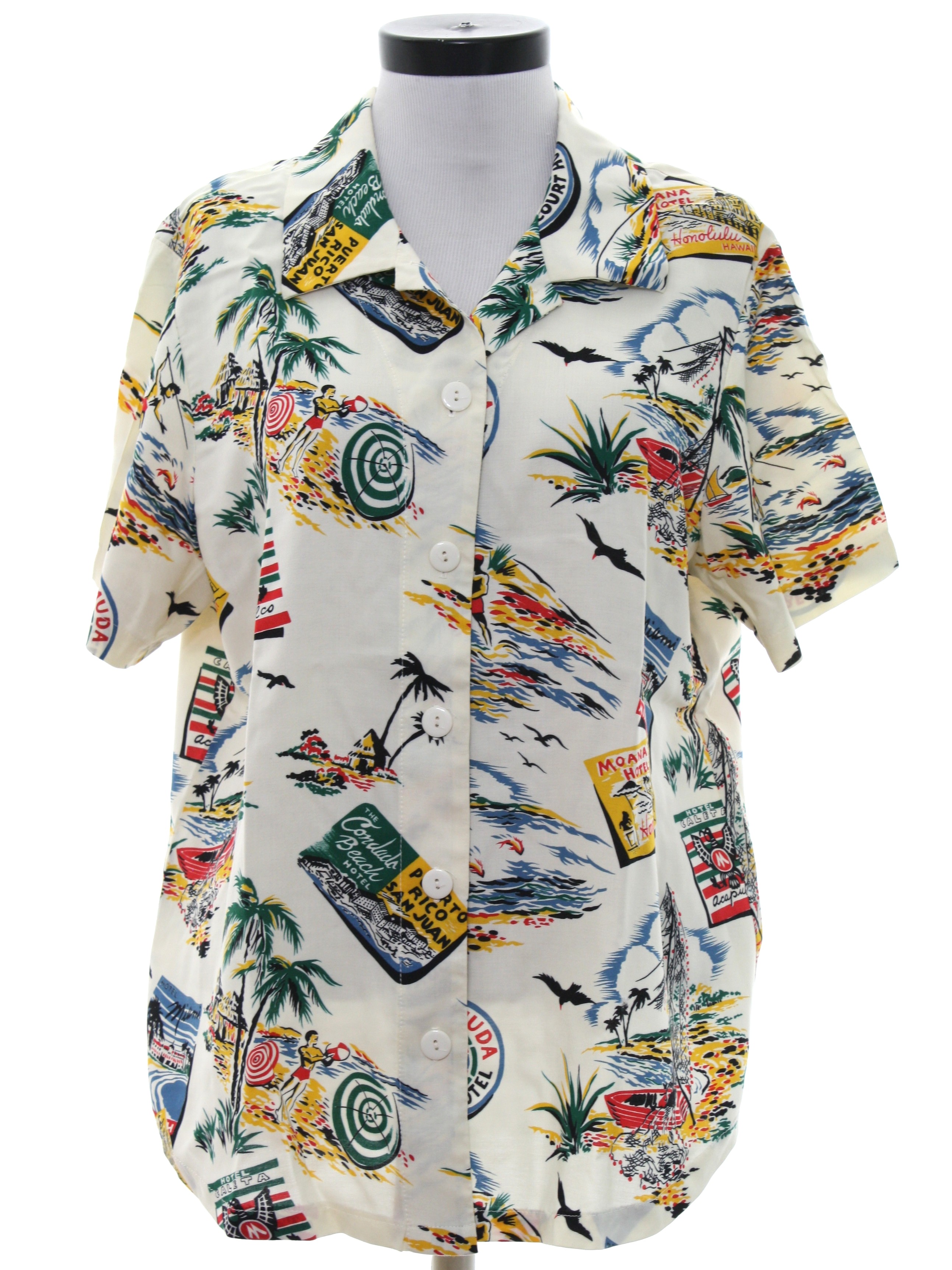 Retro 80's Hawaiian Shirt: 80s -Sarah Bentley- Womens ivory background ...