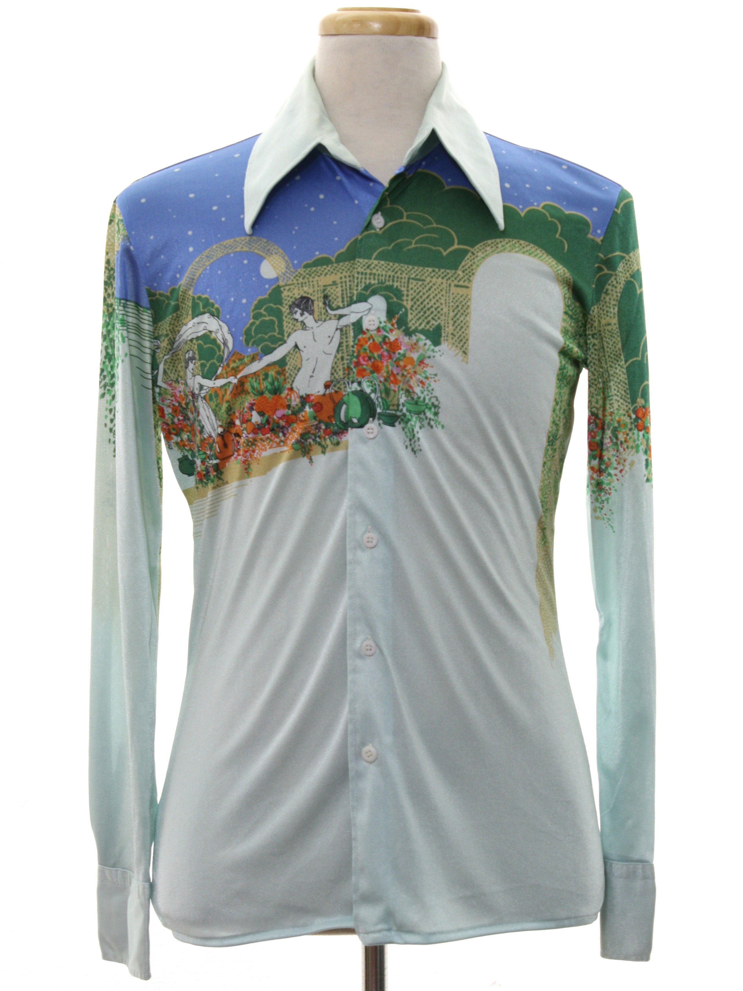 Nik Nik 1970s Vintage Print Disco Shirt: 70s -Nik Nik- Mens shiny