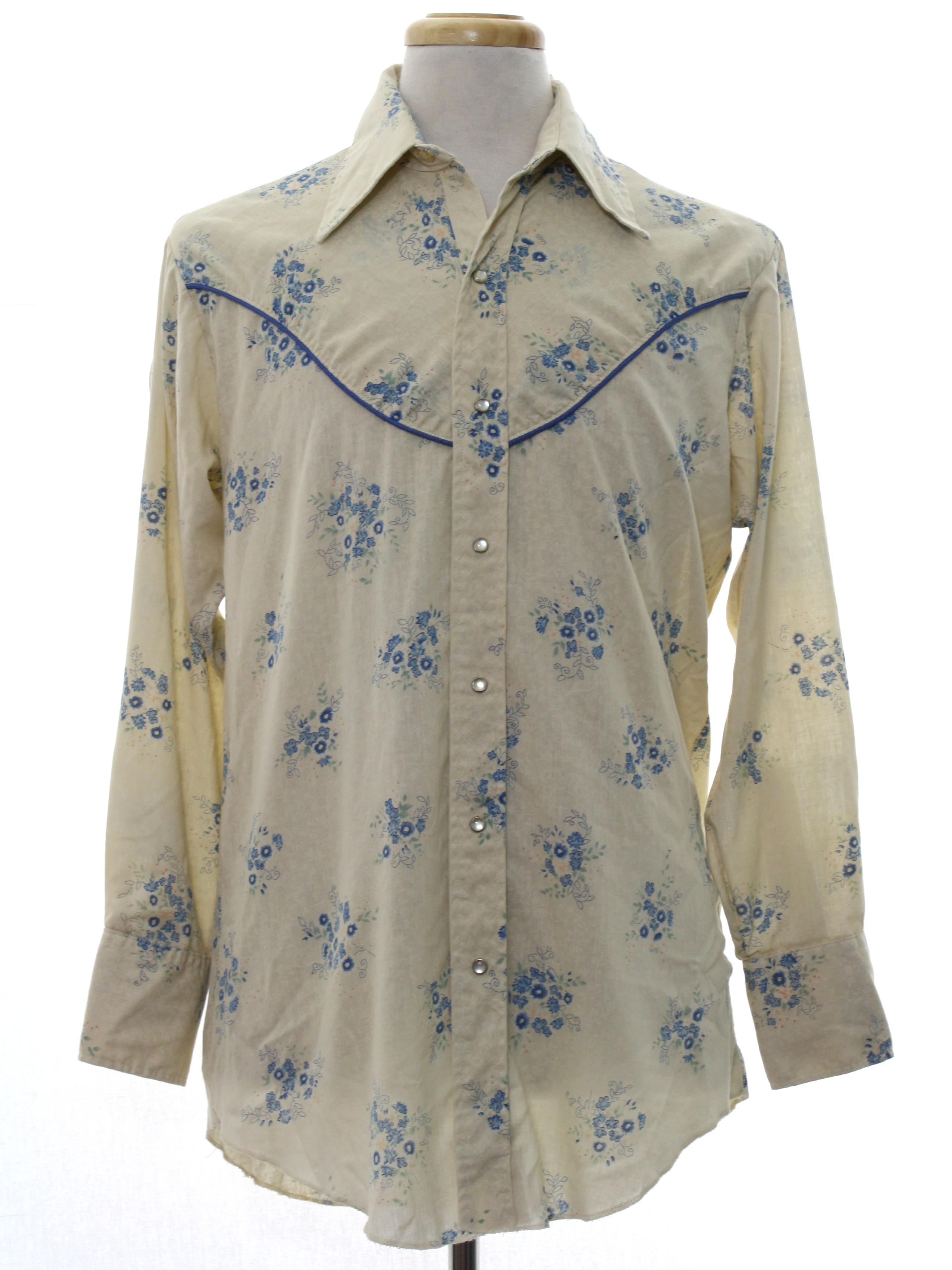 Vintage 1970s Western Shirt: 70s -No Label- Mens cream polyester cotton ...