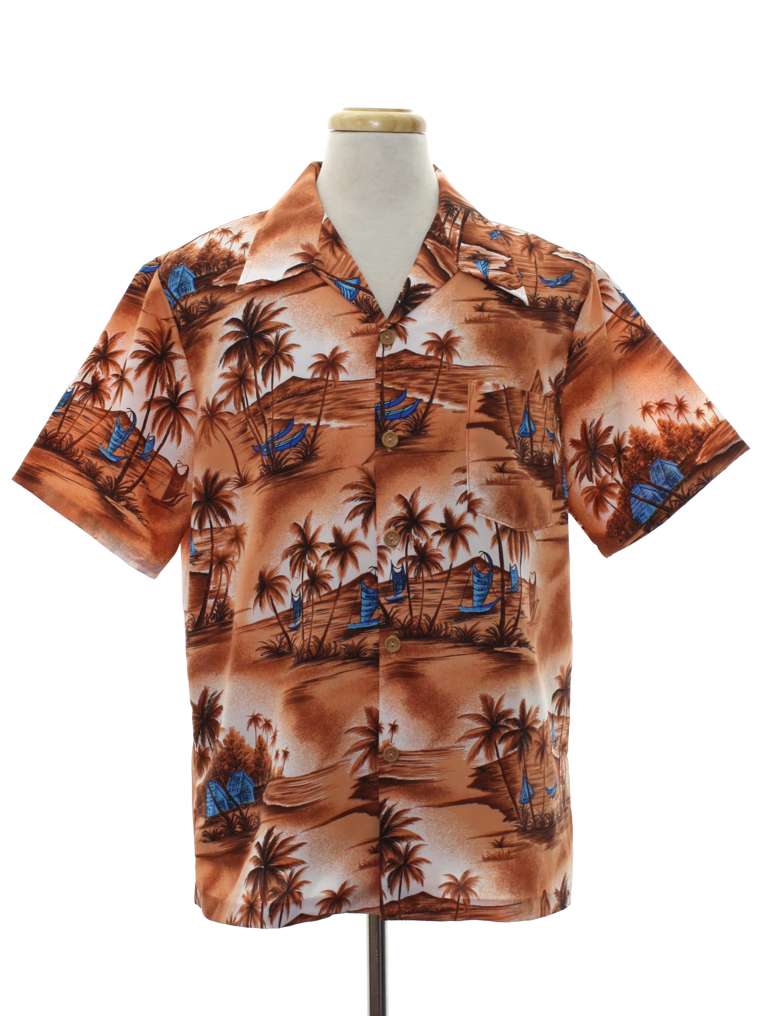 Retro Seventies Hawaiian Shirt: 70s -Dolphin- Mens tan multi-color ...