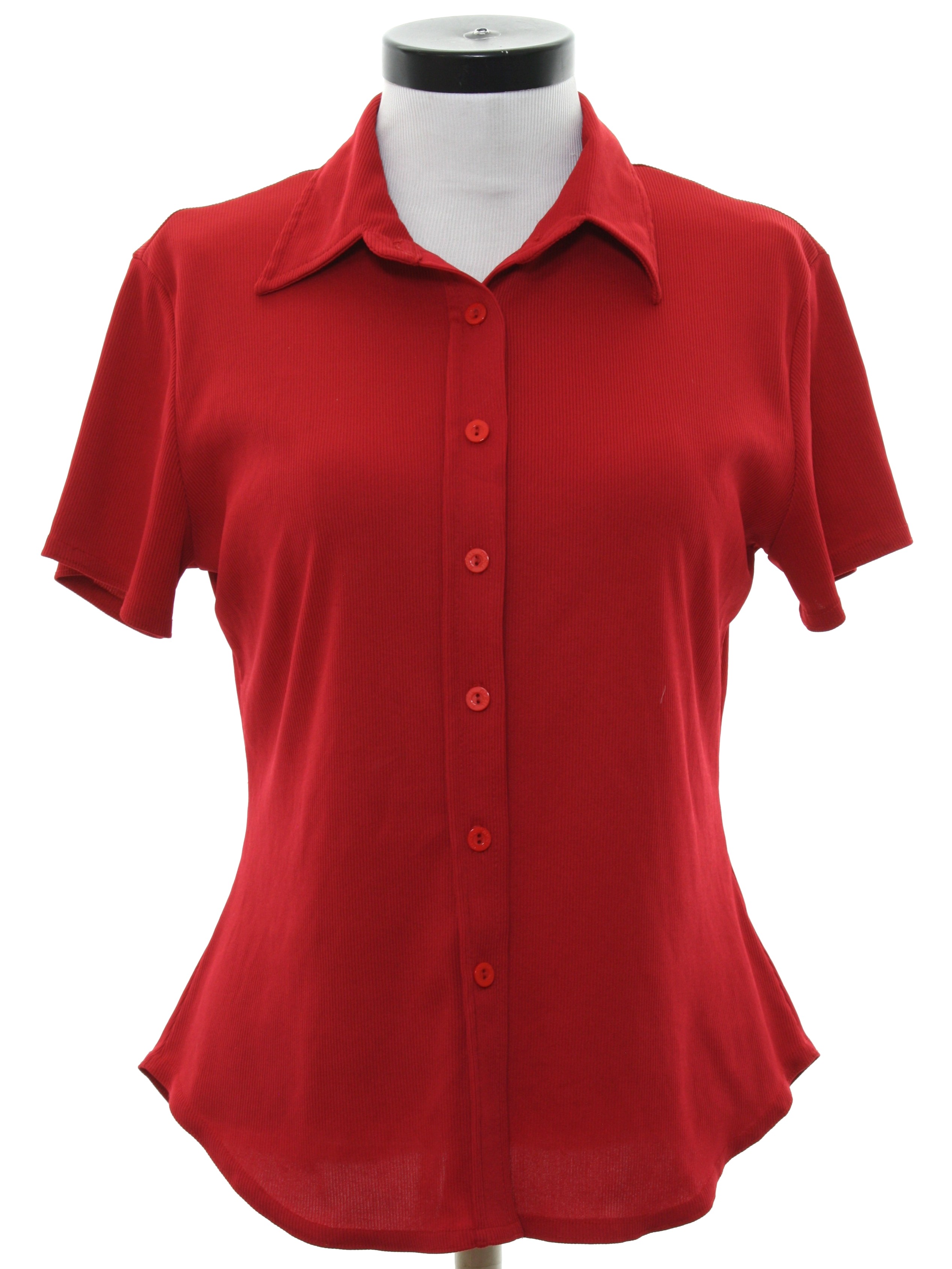 womens red short sleeve button down shirt
