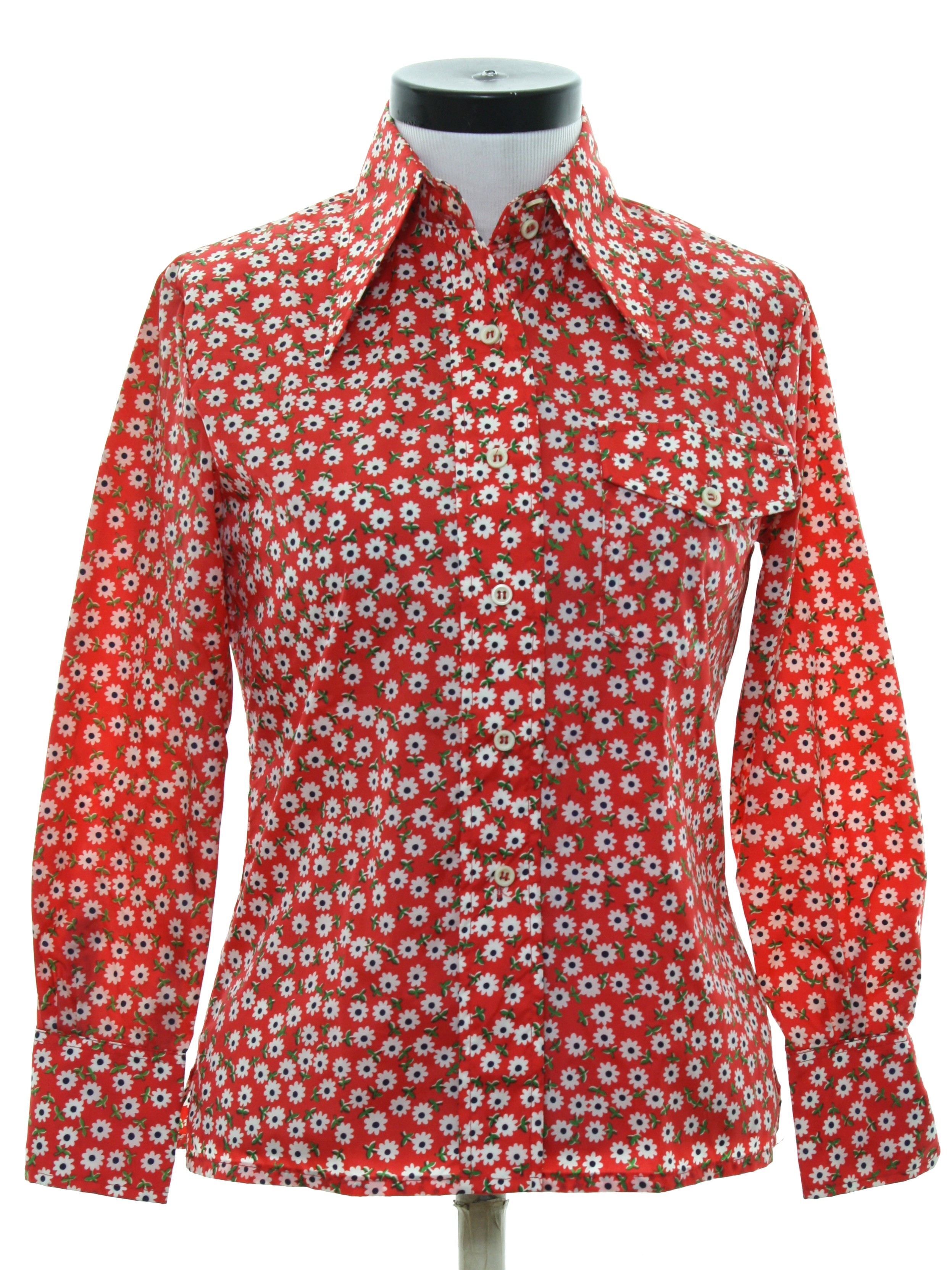 Vintage 1970's Print Disco Shirt: 70s -Skyr- Womens red background ...